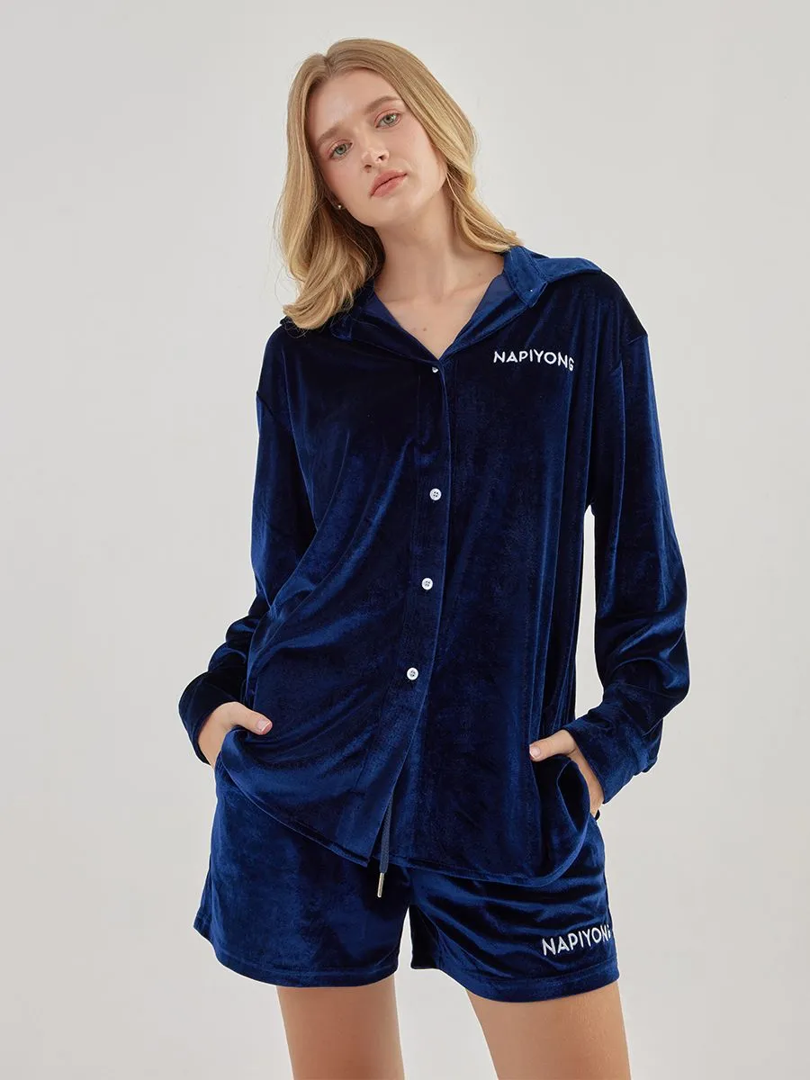 NAPIYONG Women Velvet Shorts in Navy