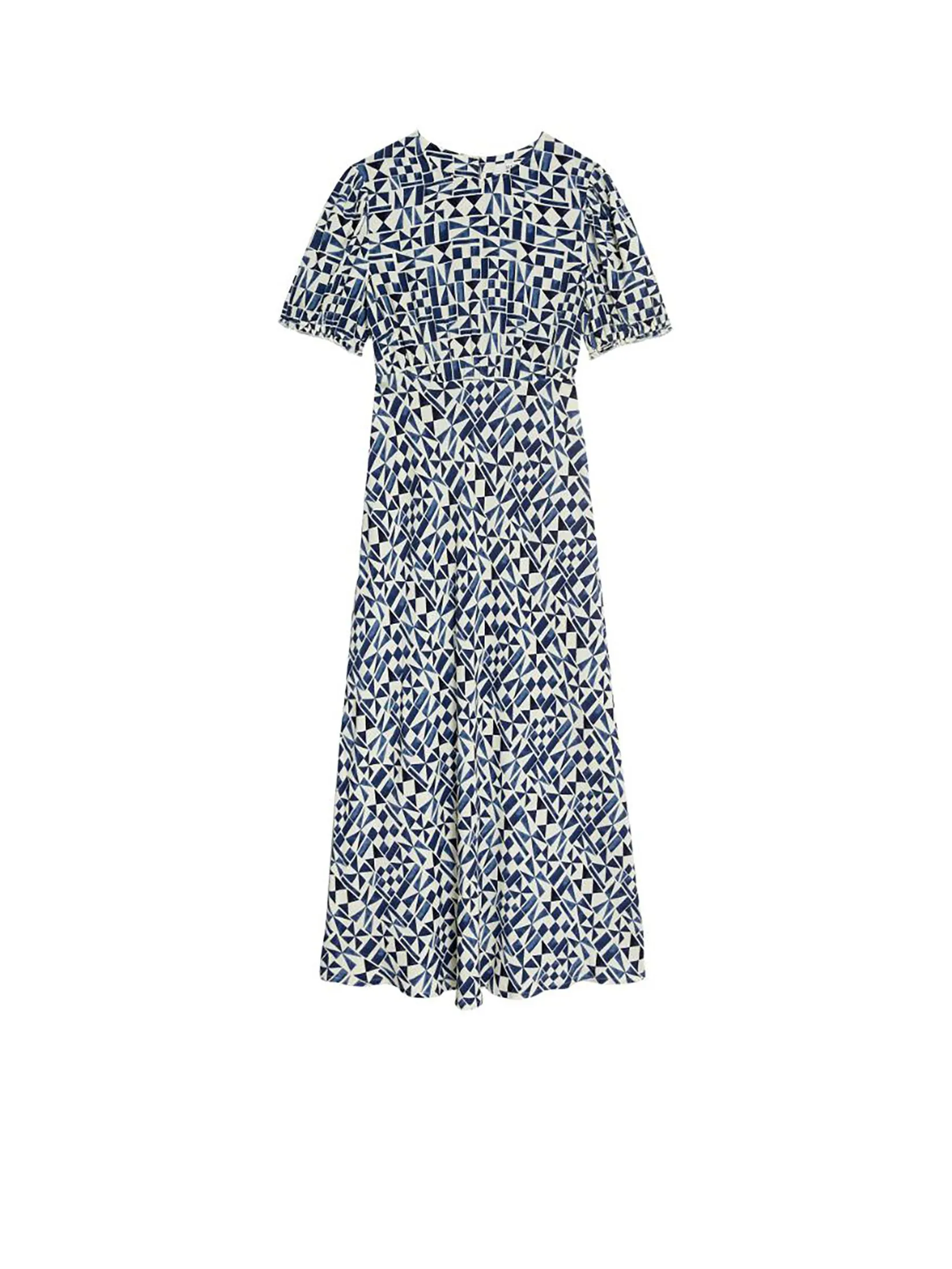 MARKS & SPENCER Women Midaxi Tea Dress Geometric Round Neck Navy Mix