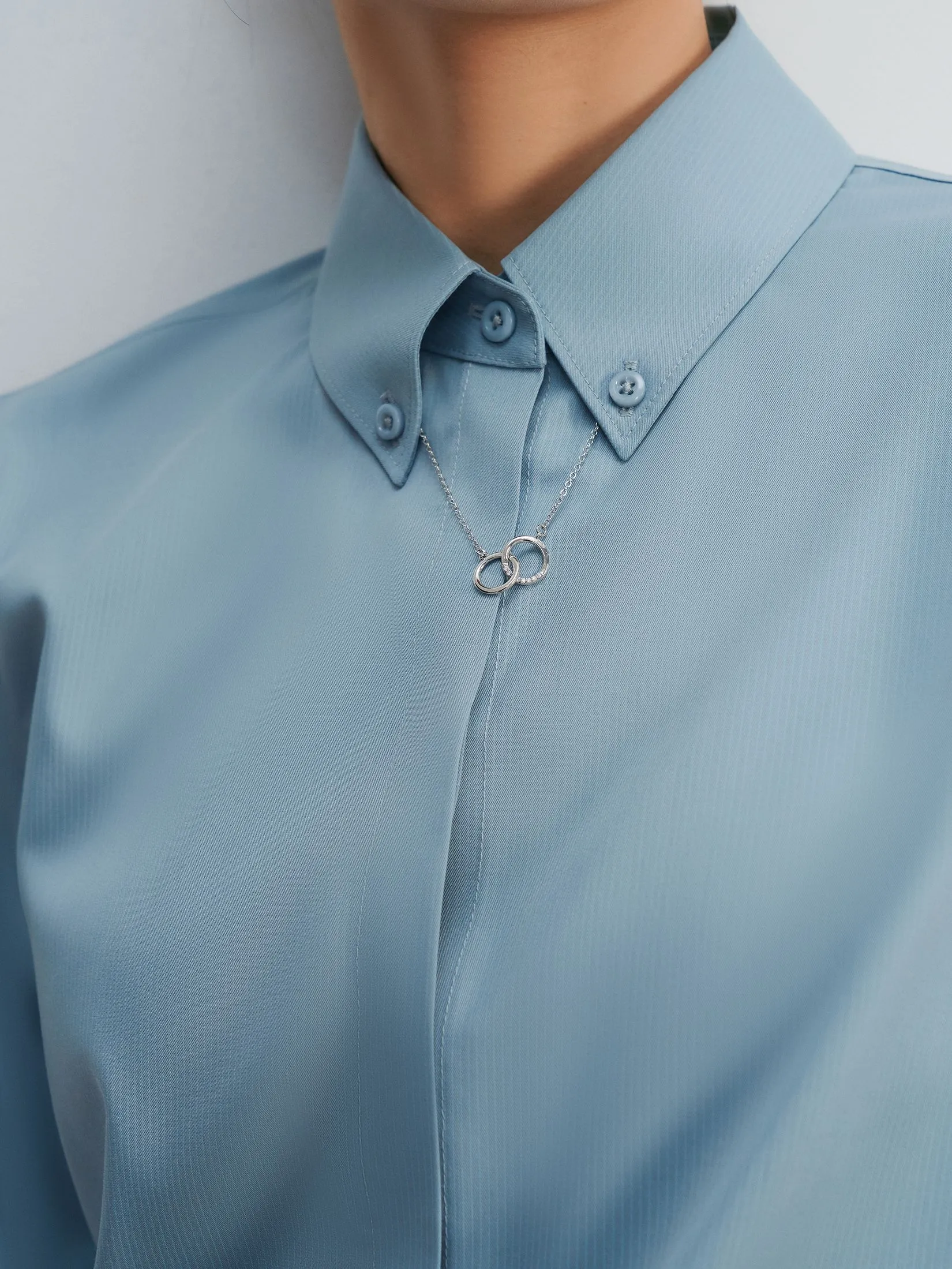 G2000 Women Clothing Modal Poly Spandex Dobby Twill With Detachable Necklace Shirt Slim Fit - Blue