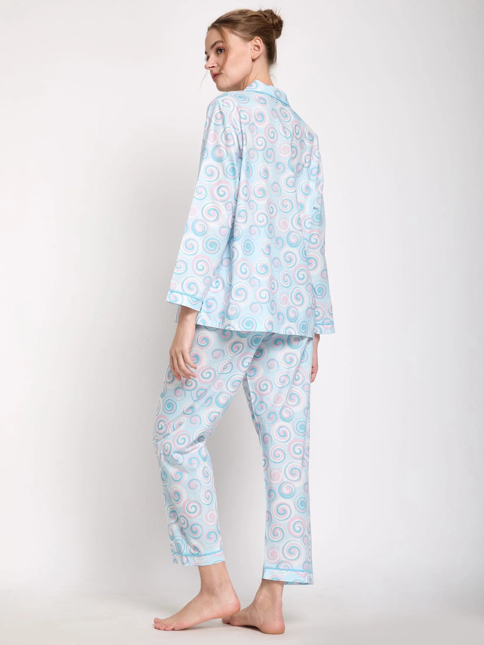 CLAUDIA'S ROMANCE Women Pyjamas Set Hawaiian Shirt Long Sleeves + Pants Light Blue