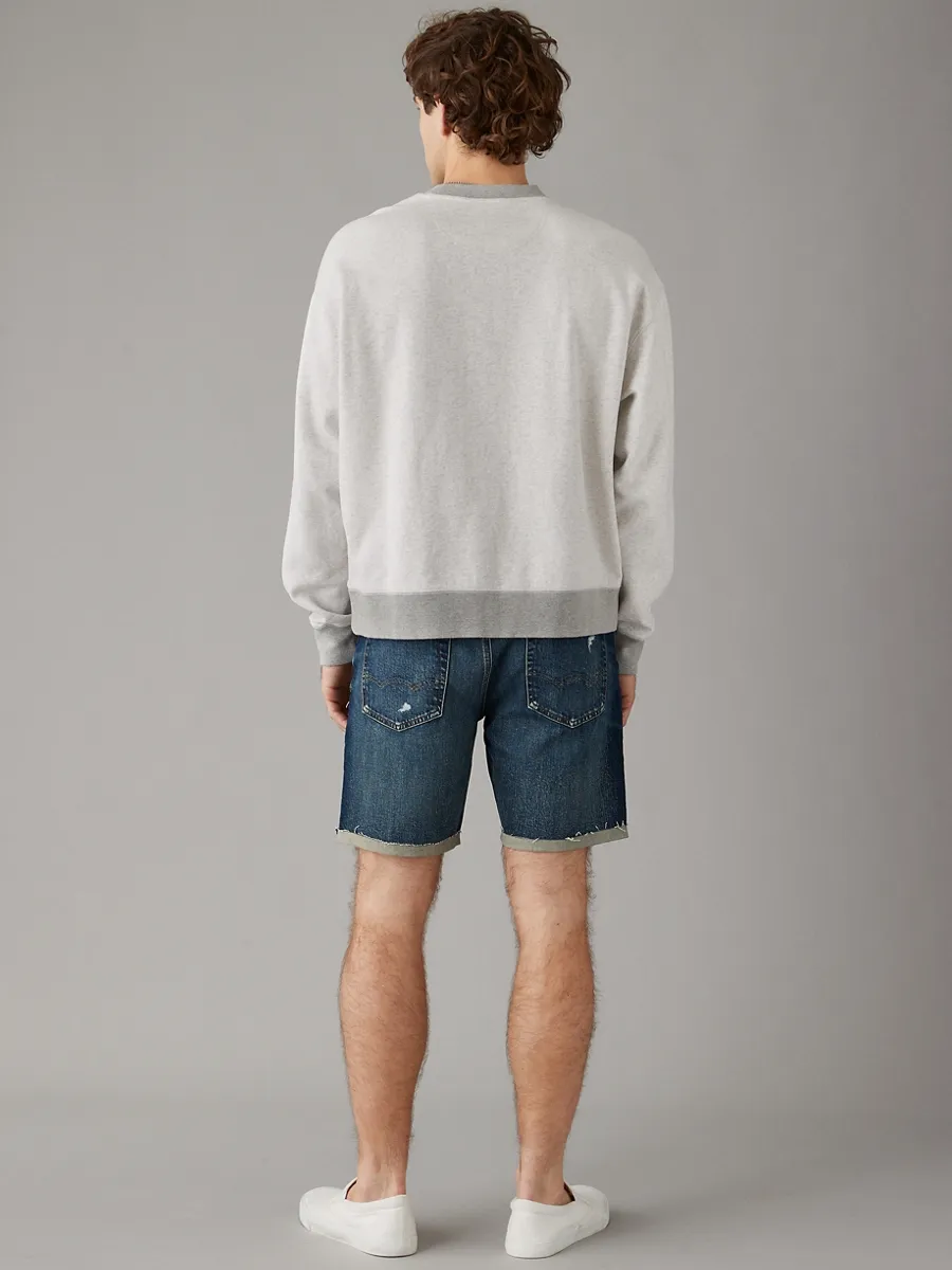 AMERICAN EAGLE MEN MEDIUM W/ DESTROY BAGGY JEAN SHORT - CUT & CUFF 913 DARK INDIGO WASH