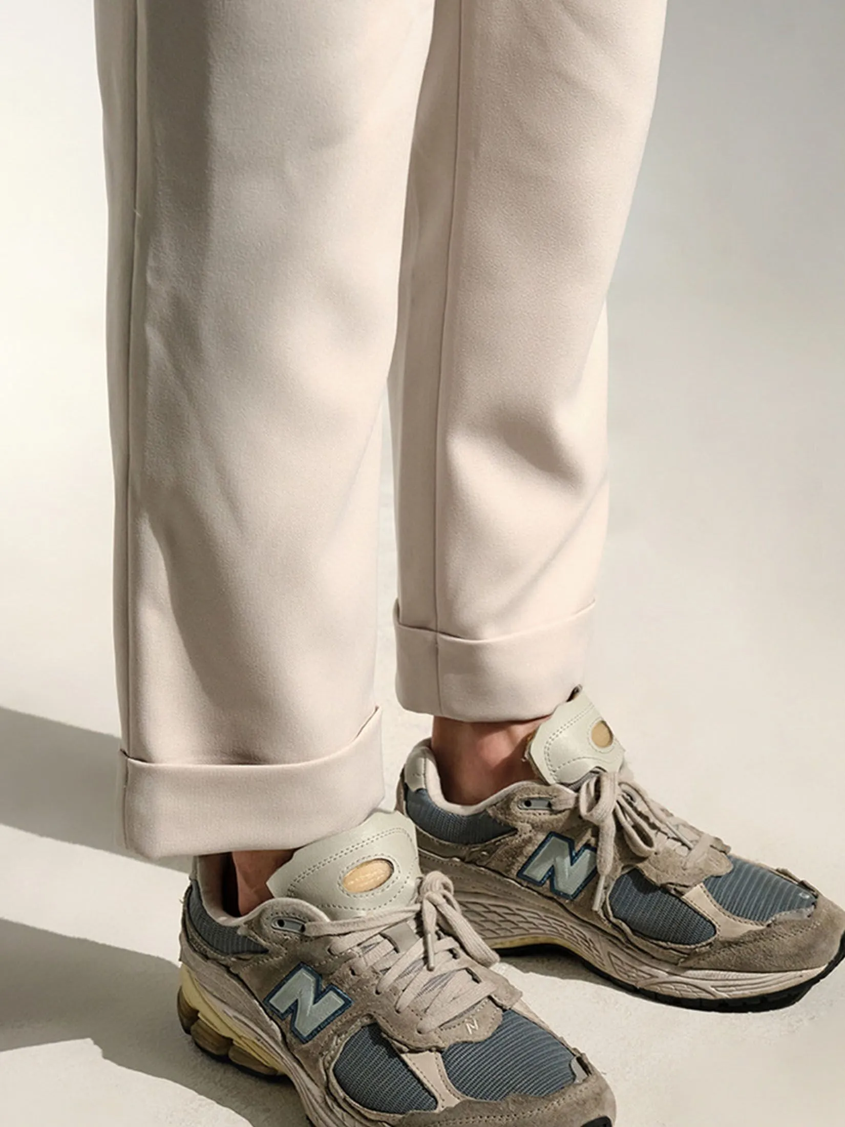 ERA-WON Men's Double belts trousers skinny crop fit Beige