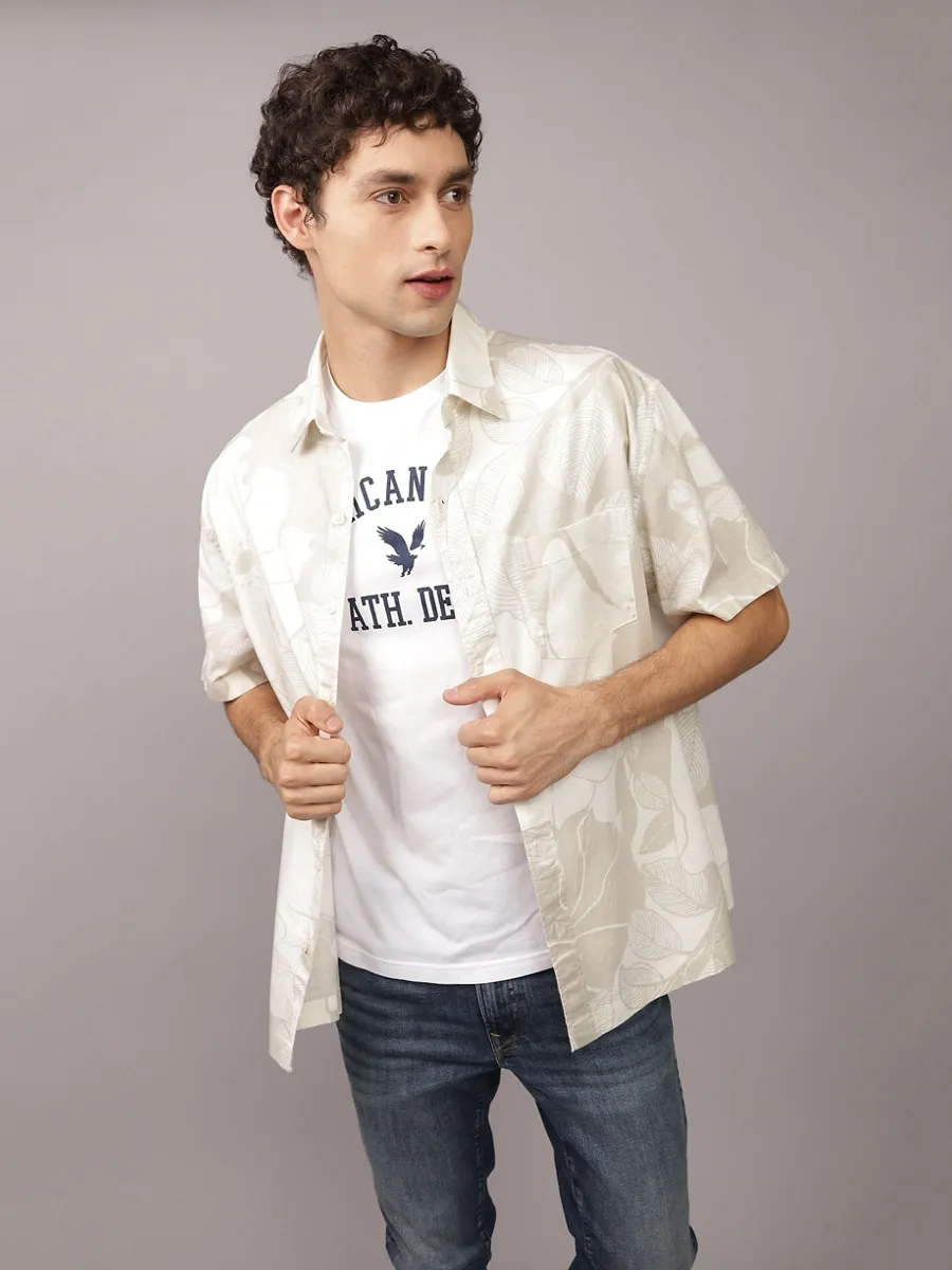 AMERICAN EAGLE MEN HARRY FLORAL SS OVERSIZED CSC BRODERICK SLUB SHIRT 207 TAN