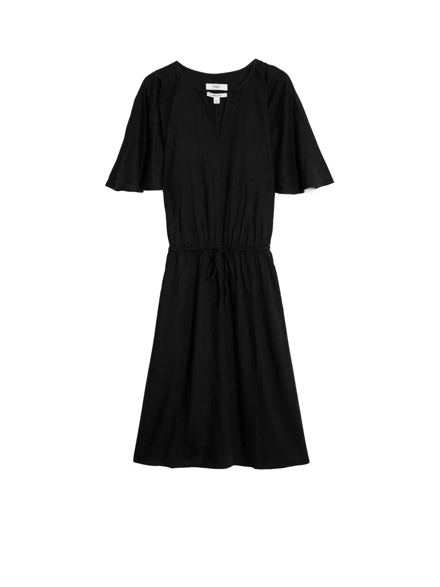MARKS & SPENCER Women Dress V-Neck Knee Length Swing Linen Blend Black