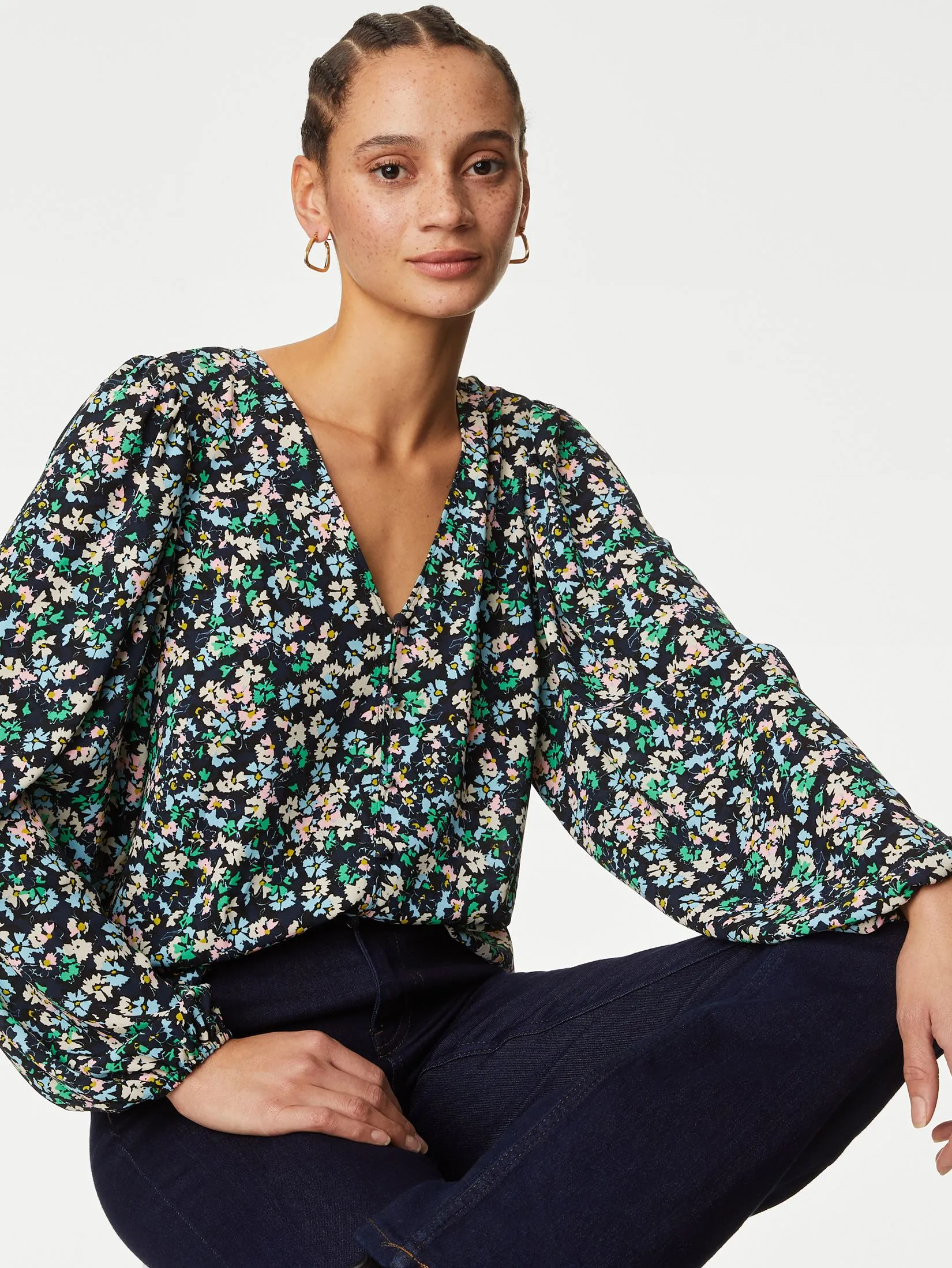 MARKS & SPENCER Women Blouse Floral V-Neck Button Detail Blue Mix