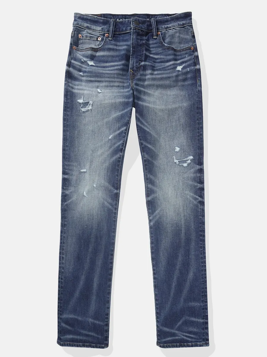 AMERICAN EAGLE MEN INTL EXCLUSIVE DARK DESTROY W/ GLUE BACK SLIM STRAIGHT FIT 958 DESTROYED DARK WASH