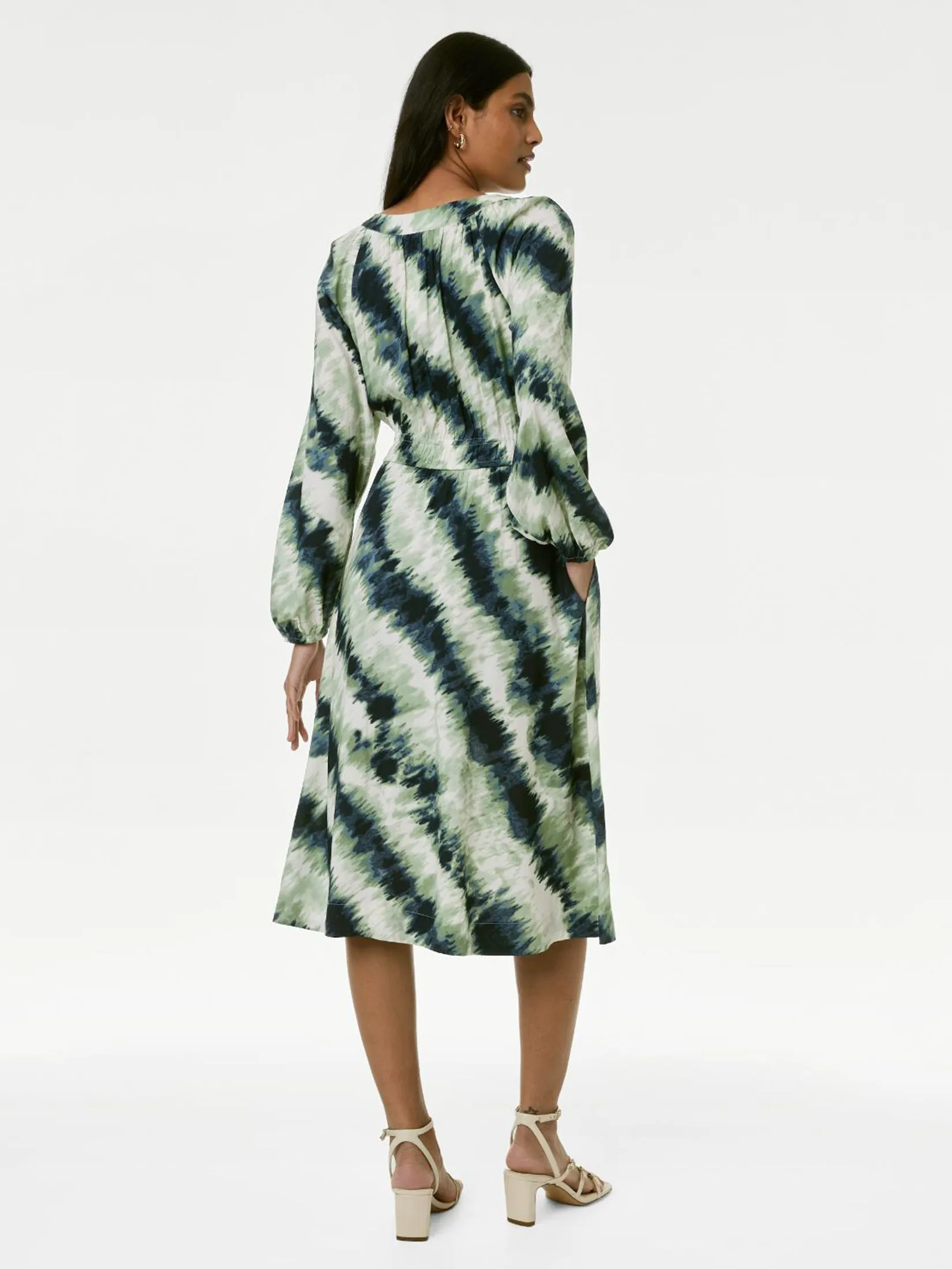 MARKS & SPENCER Women Midi Waisted Dress Printed Keyhole Pleated Green Mix