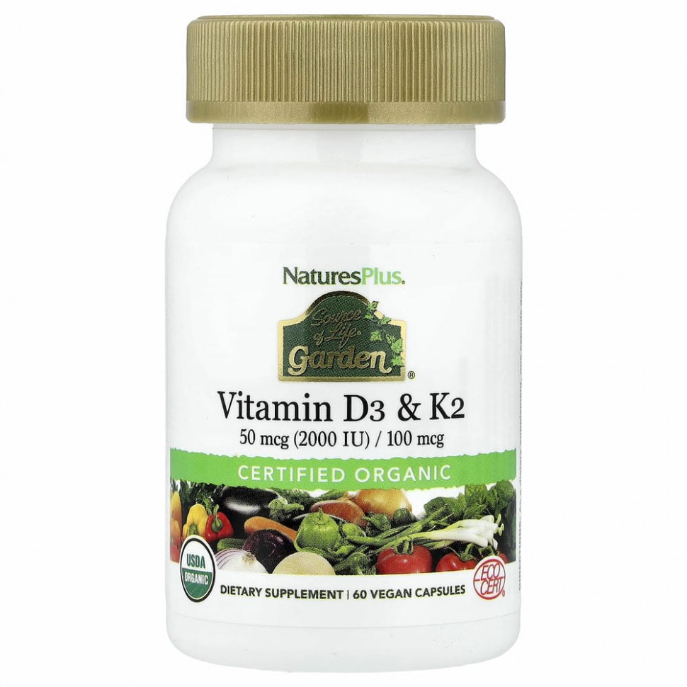 NaturesPlus, Source of Life Garden, витамины D3 и K2, 60 веганских капсул