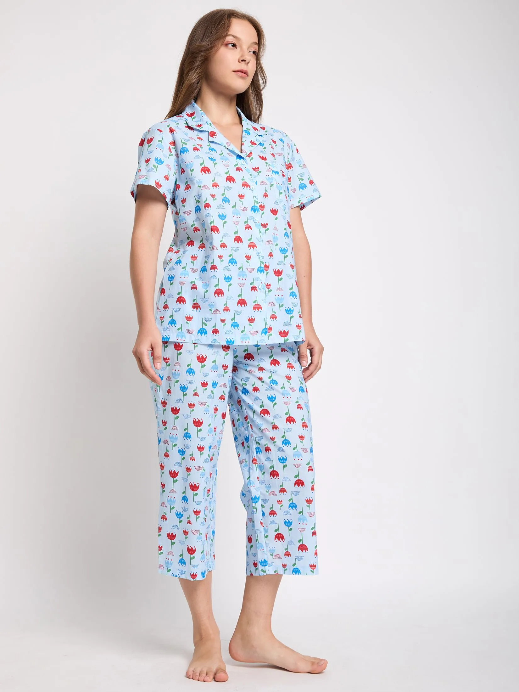 CLAUDIA'S ROMANCE Women Pyjamas Hawaii Shirt Short Sleeves + Cropped Pants Print Light Blue