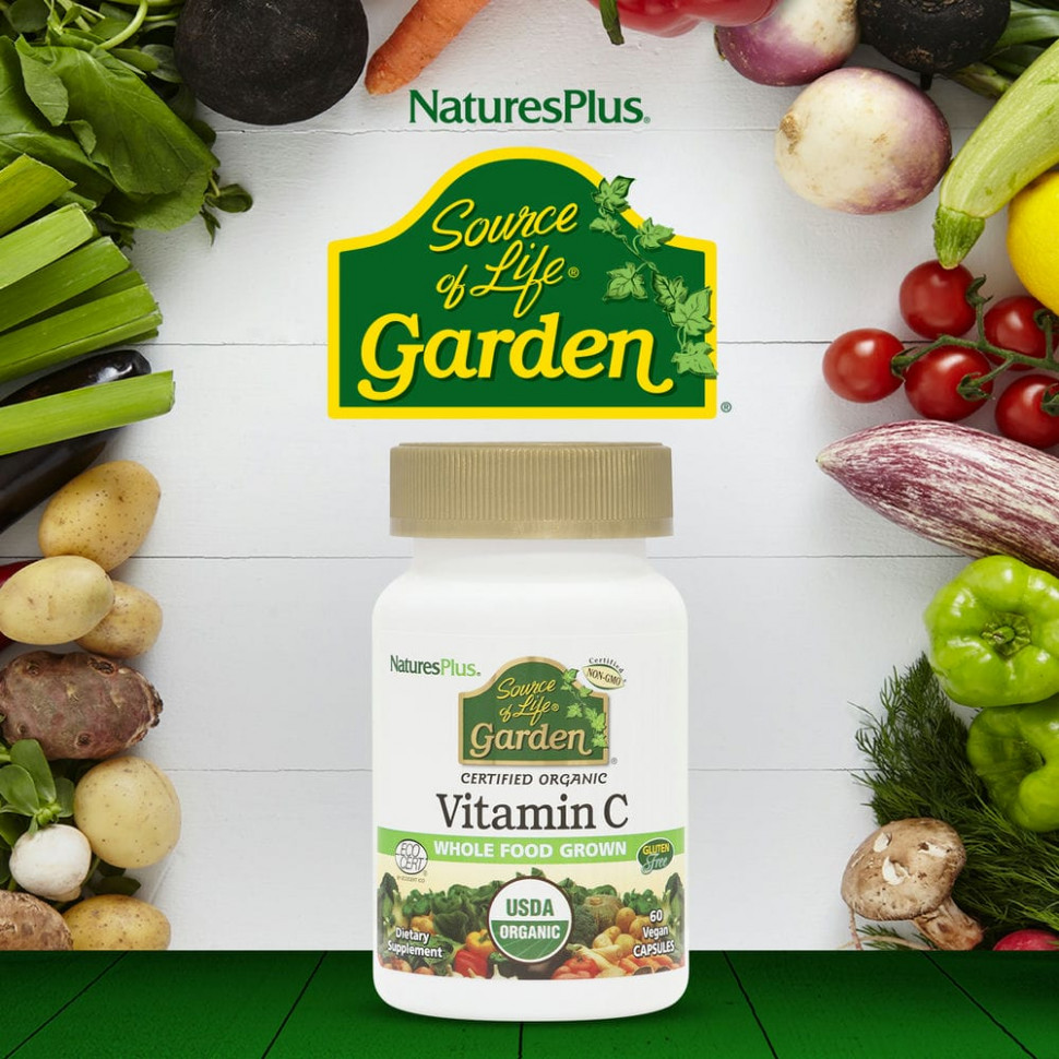 NaturesPlus, Source of Life Garden, сертифицированный органический витамин C, 60 растительных капсул