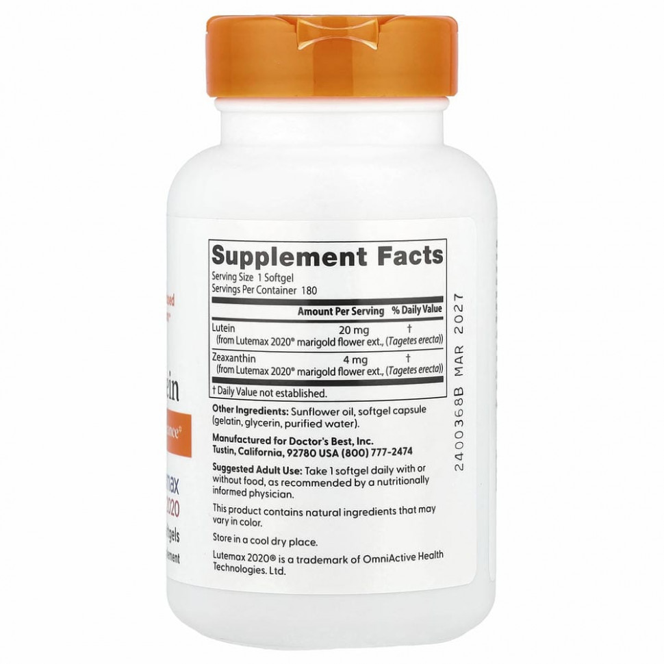 Doctor's Best, лютеин с Lutemax 2020, 20 мг, 180 капсул