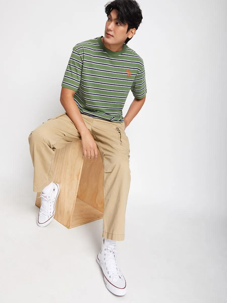 DEFRY 01 Men T-Shirt Crew Neck Short Sleeves Striped Printed Green