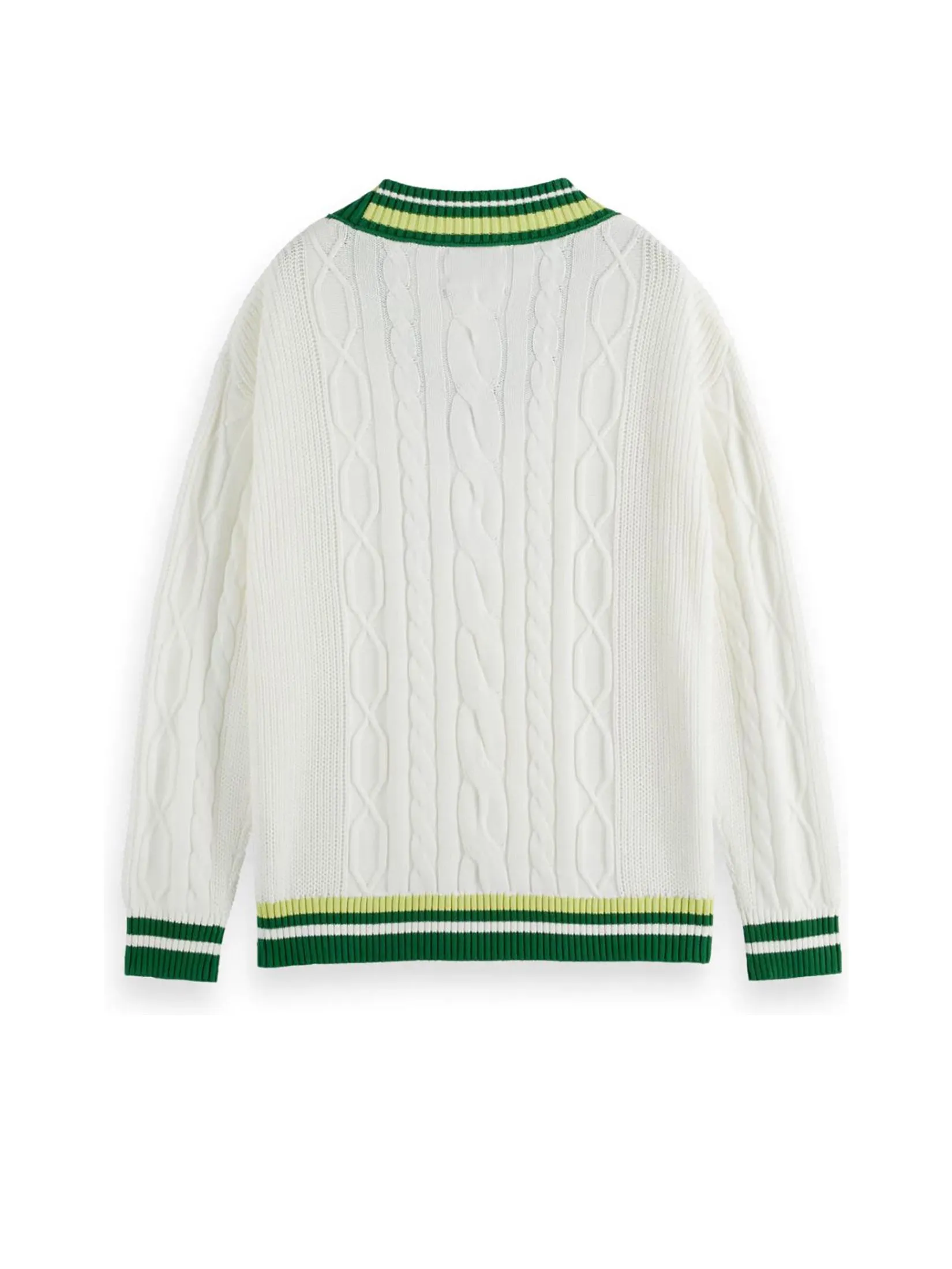 SCOTCH&SODA Men Pullover V-Neck Drop Shoulder Cable Knit White