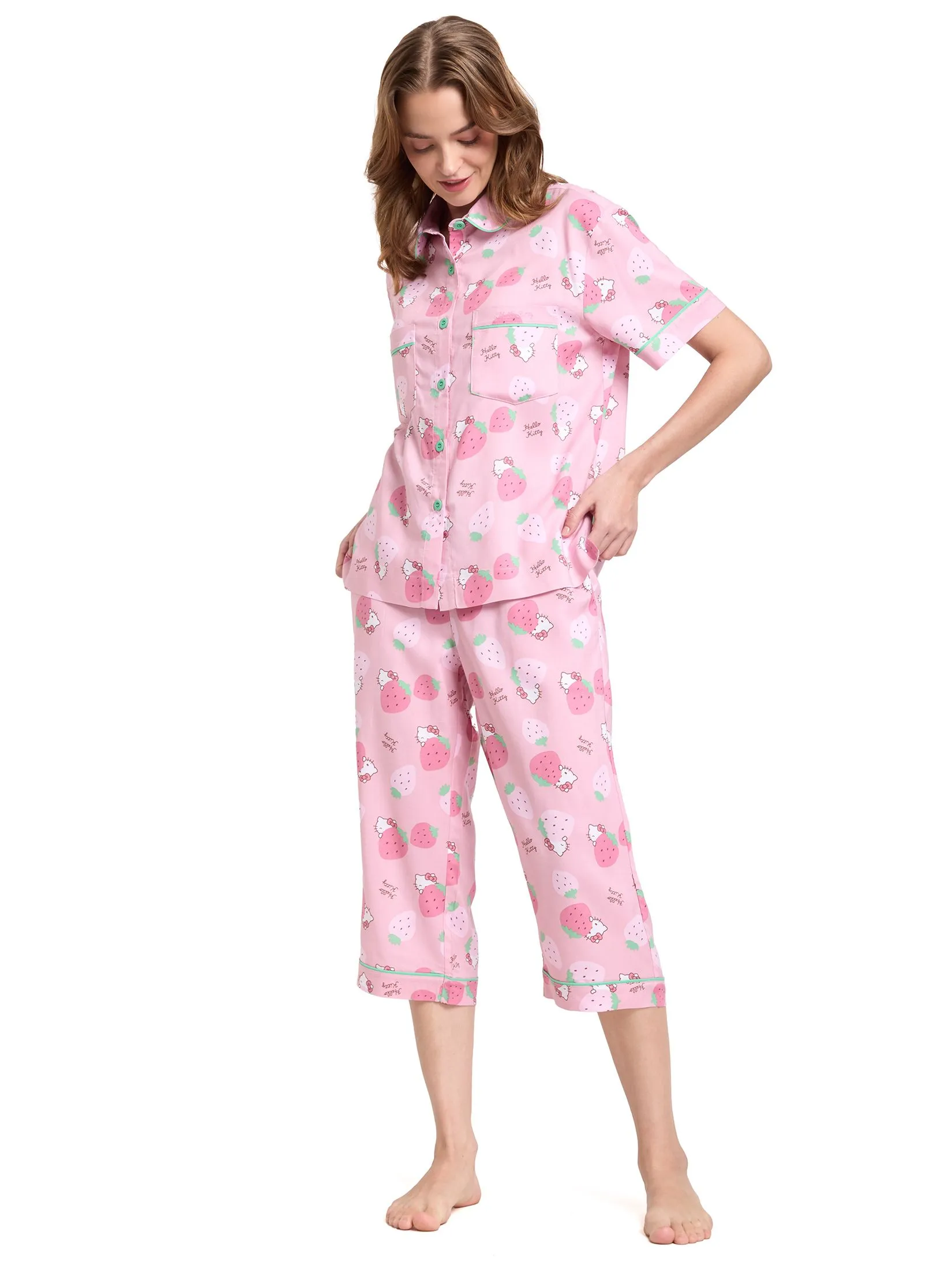 SANRIO Women Pyjamas Shirt Short Sleeves + Cropped Pants Strawberry Hello Kitty Pink