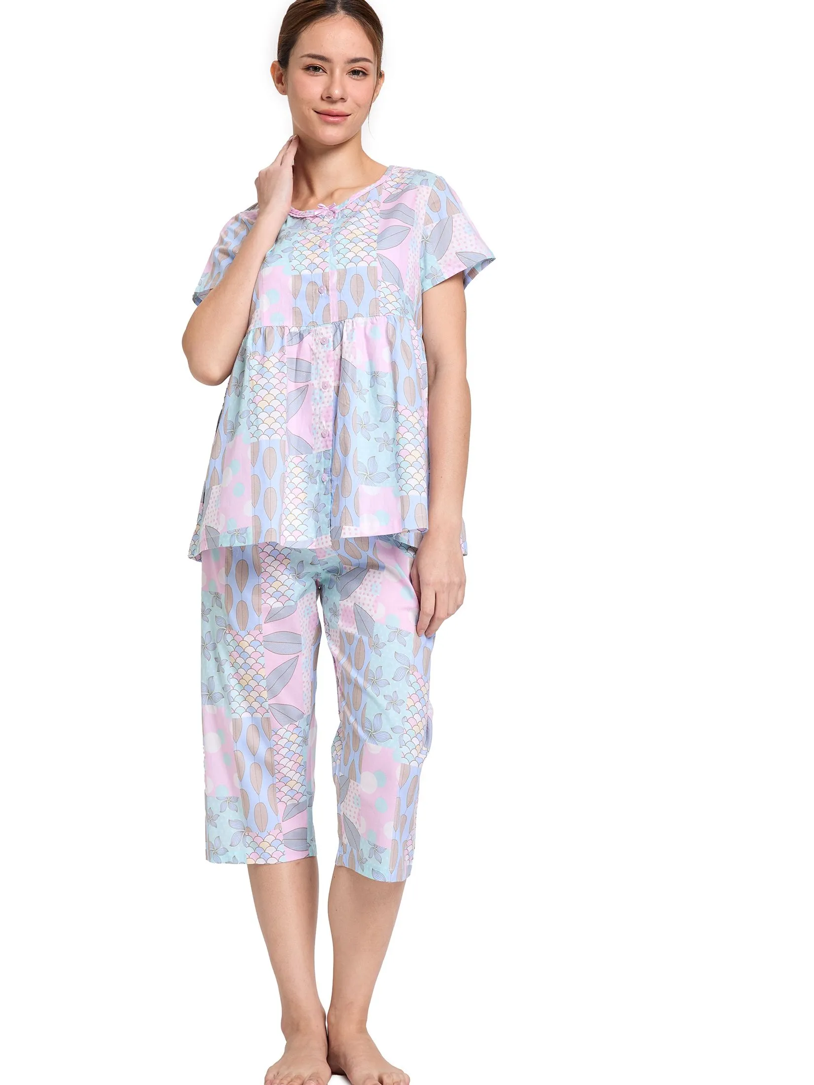 CLAUDIA'S ROMANCE Women Pajamas Set Blouse Short Sleeves + 4-Part Pants Pink