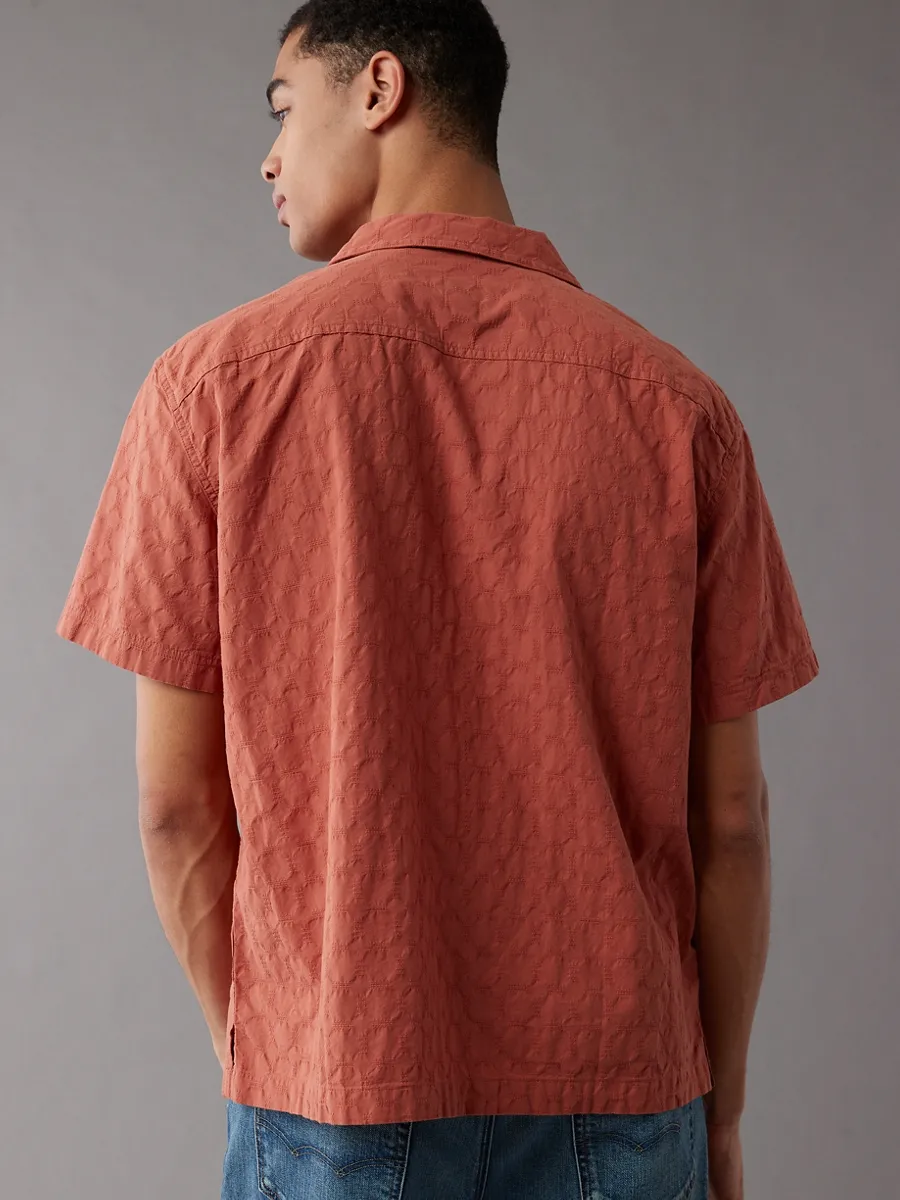 AMERICAN EAGLE MEN SS OVERSIZED CAMP COLLAR DEMETRIUS DOBBY SHIRT 812 TERRACOTTA