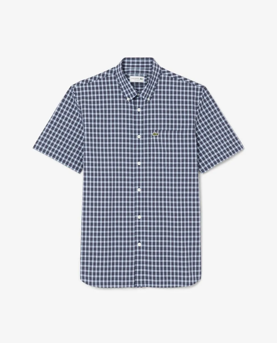 LACOSTE Short Sleeved Buttoned Collar Checked Shirt Blue