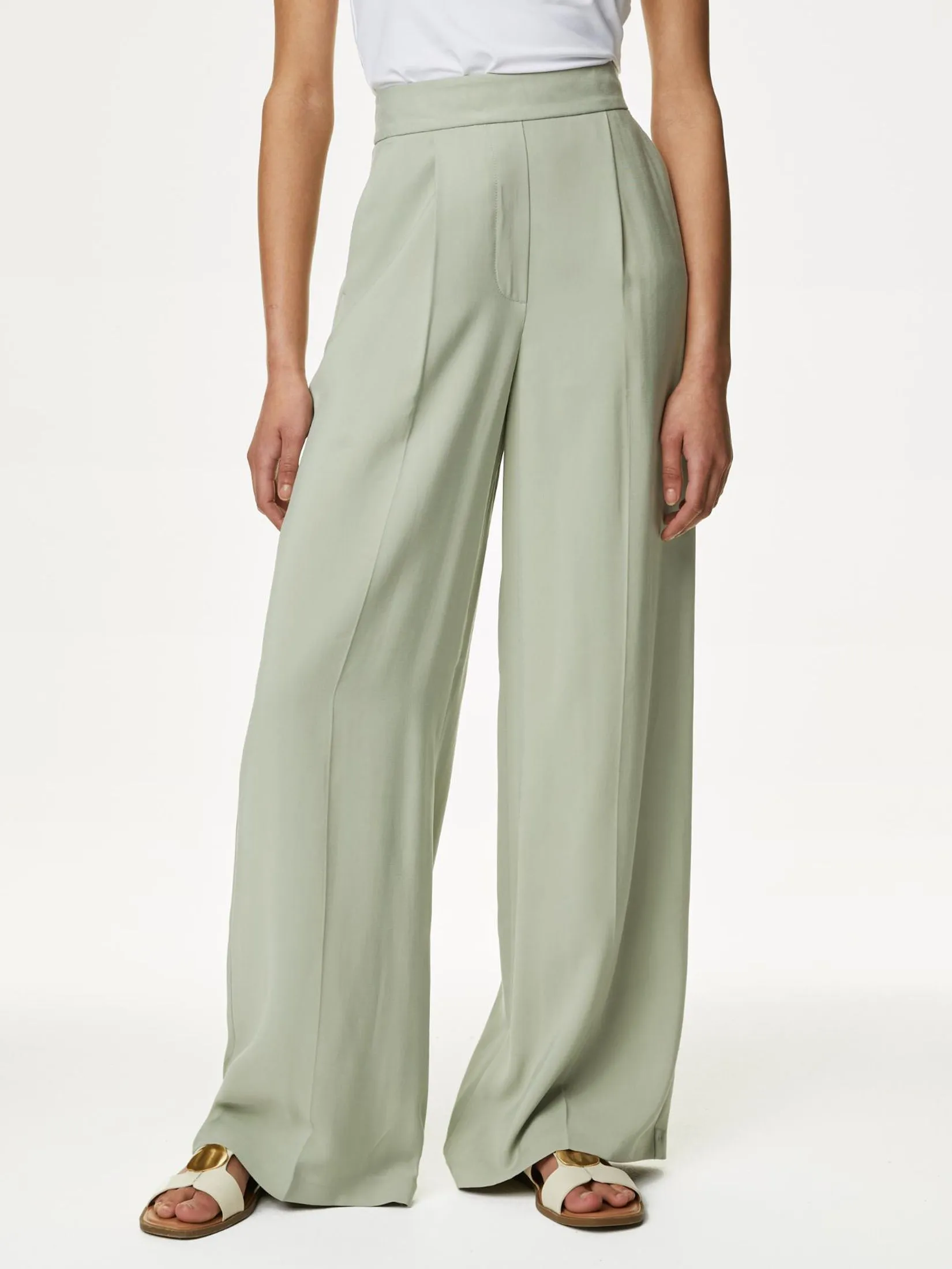 MARKS & SPENCER Women Wide Leg Trousers Pleat Front Soft Green