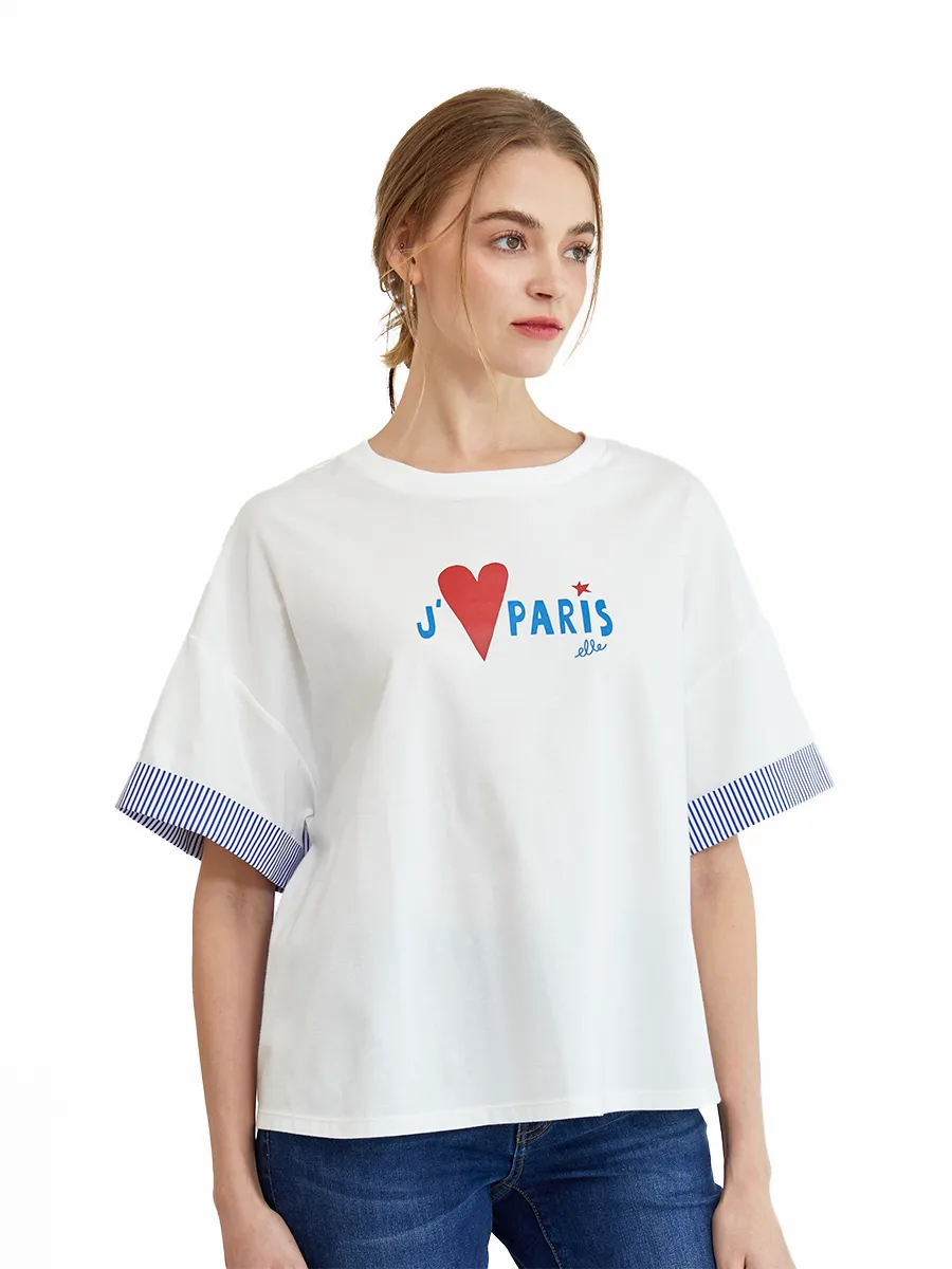 ELLE White Women OVERSIZE T-SHIRT GRAPHIC PRINTED W3K689 COLLECTION BEPARIS Size - M