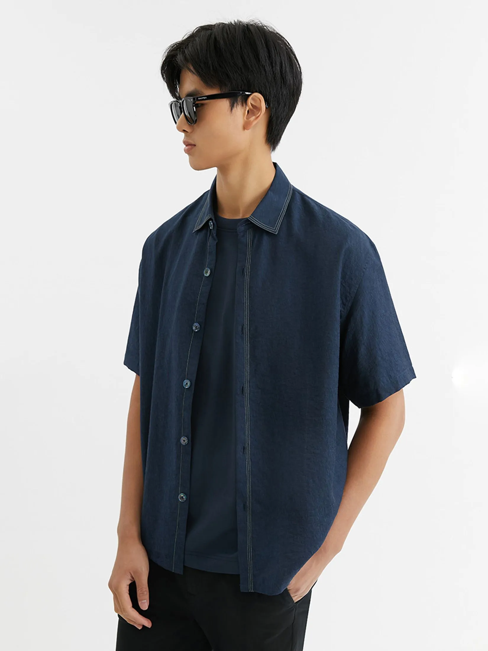 DAPPER Men Tonal Camo Jacquard Shirt Navy