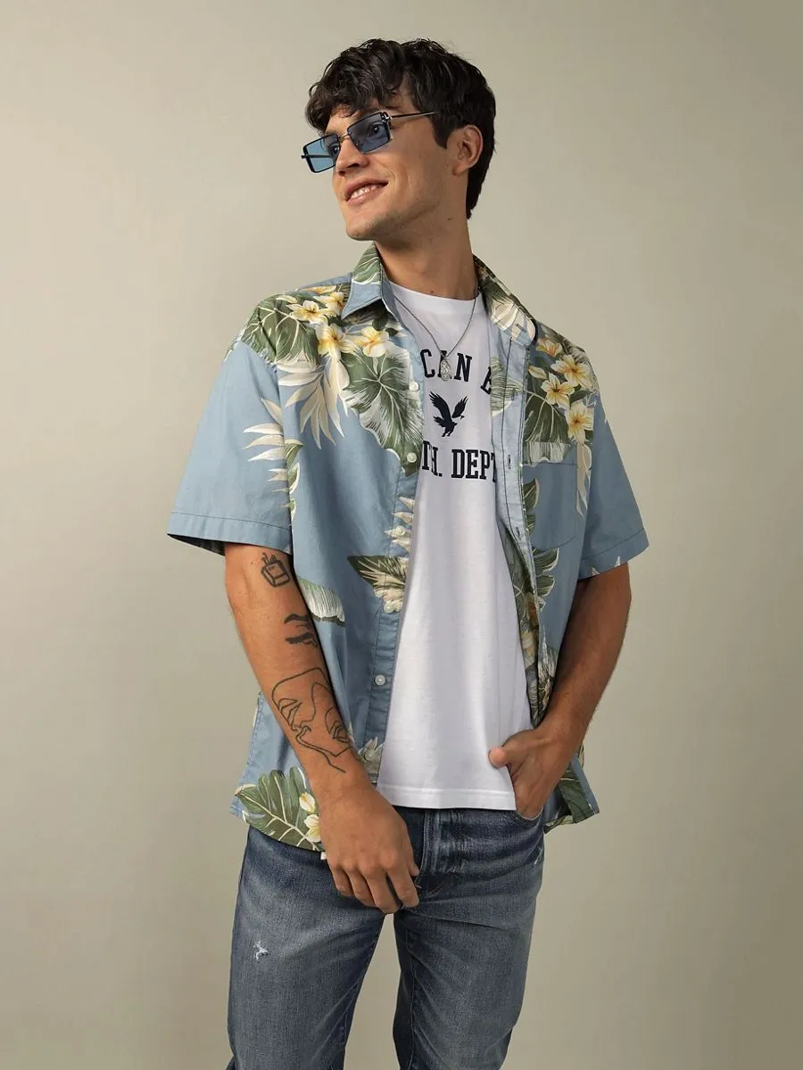 AMERICAN EAGLE MEN ANDREW FLORAL SS OVERSIZED CSC 32S POPLIN BLEACH WASH 402 CERULEAN BLUE