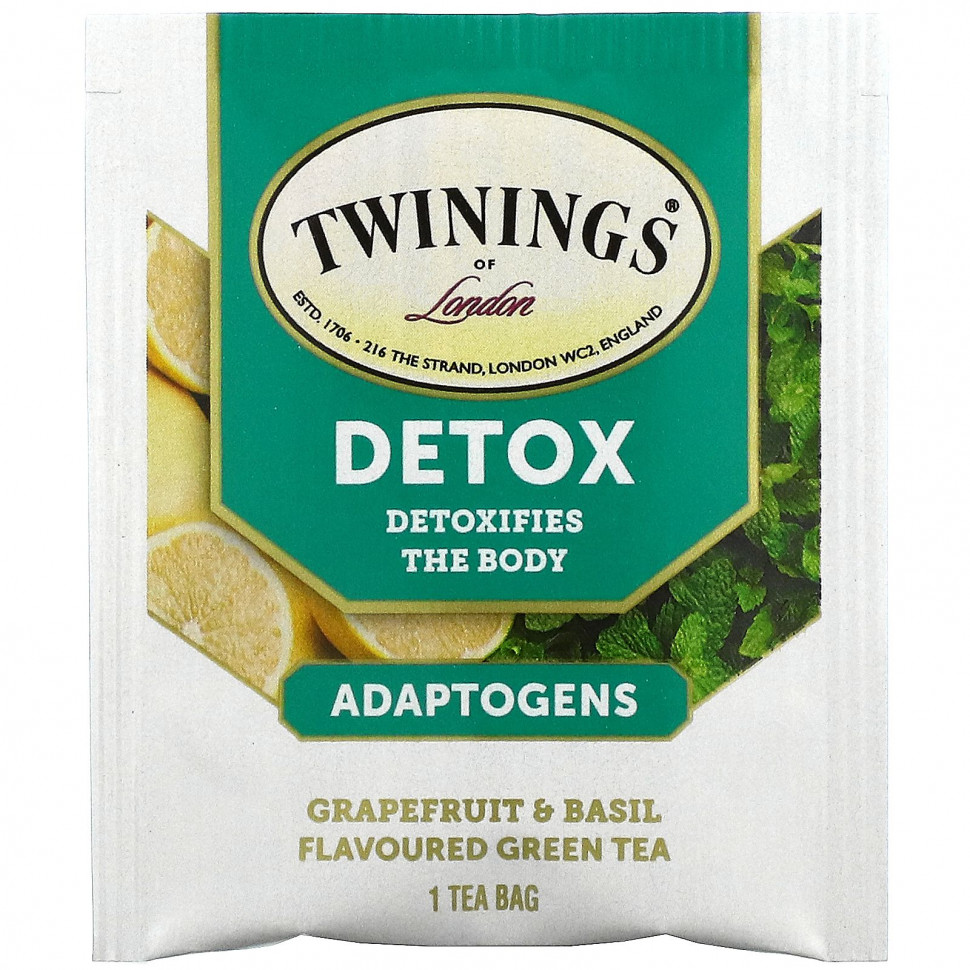 Twinings, Detox, адаптогены, зеленый чай со вкусом грейпфрута и базилика, 18 чайных пакетиков, 36 г (1,27 унции)