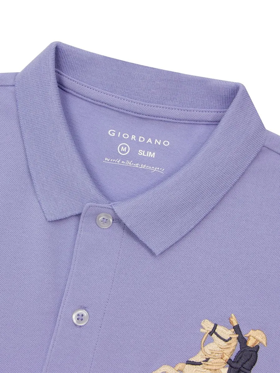 GIORDANO Men's Pique Slim Fit Embroidery Napoleon Polo  Thistle Down Purple