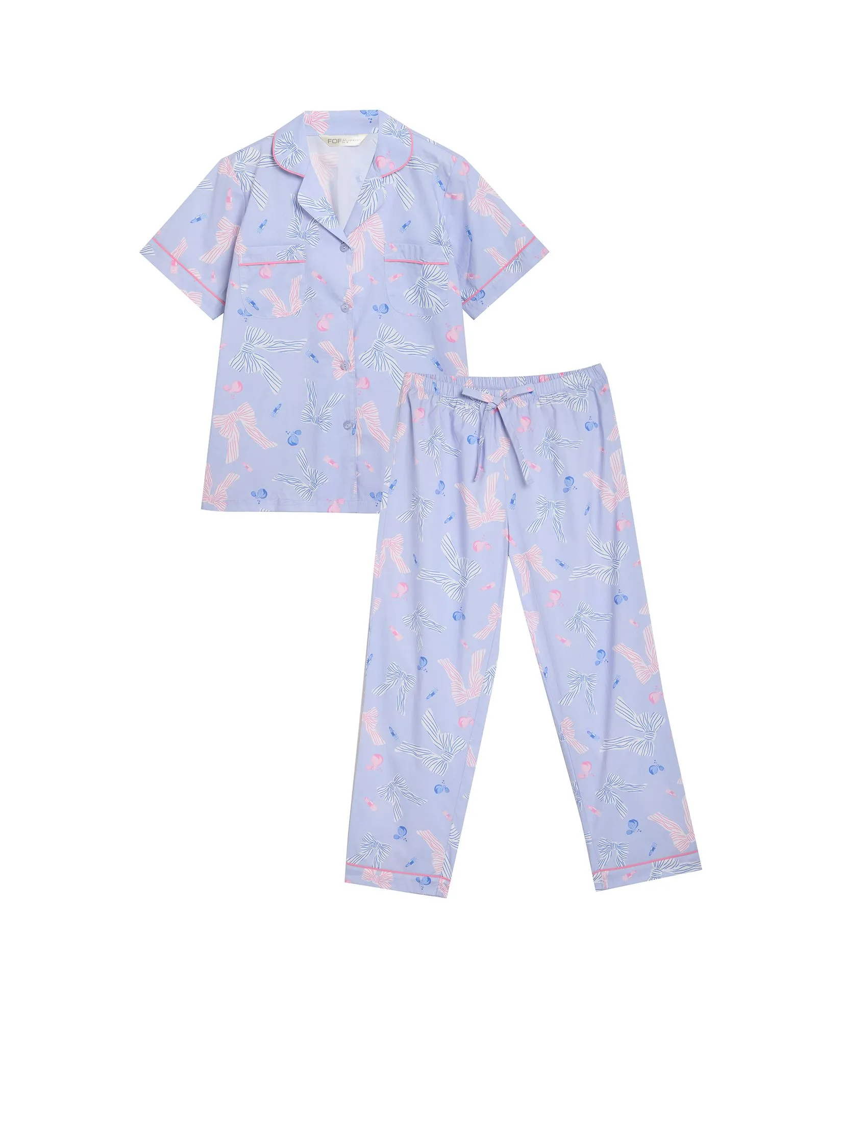 FOF Women Sleepwear Shirt Short Sleeves Collar + Pants Bow Light Purple