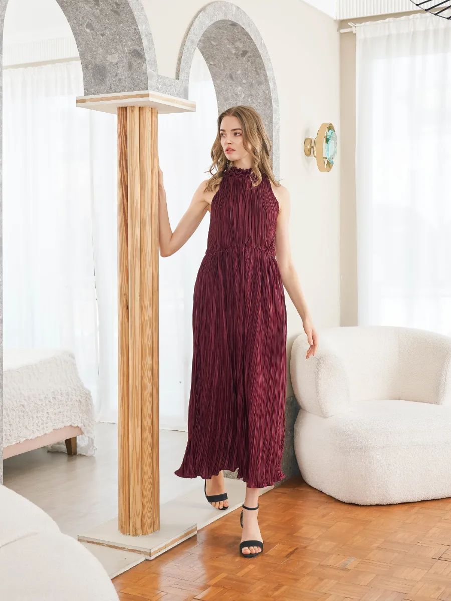 ROSE THE LABEL Stella pleated dress- burgundy