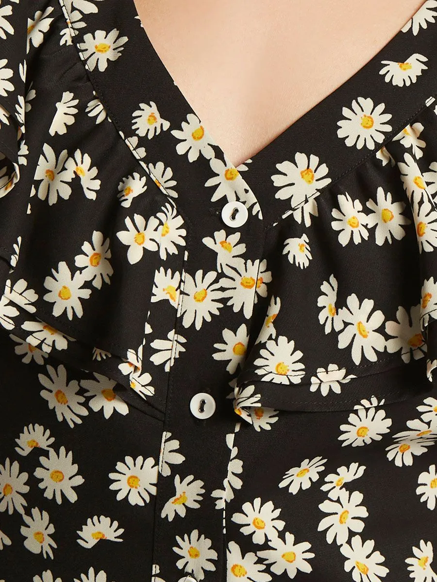 ESP Floral Print  Dress with Ruffle Detail Women Black