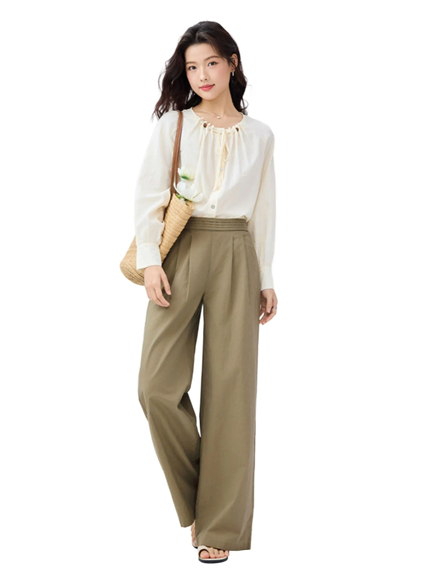 GIORDANO Women's Beau Monde Linen Cotton Topstitch Pants Leaf Green