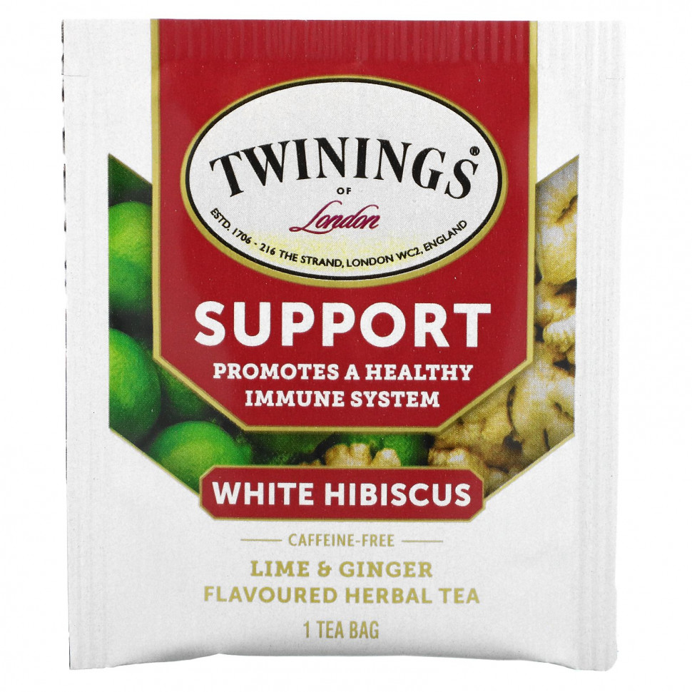 Twinings, Support, травяной чай из белого гибискуса, лайм и имбирь, без кофеина, 18 чайных пакетиков, 27 г (0,95 унции)