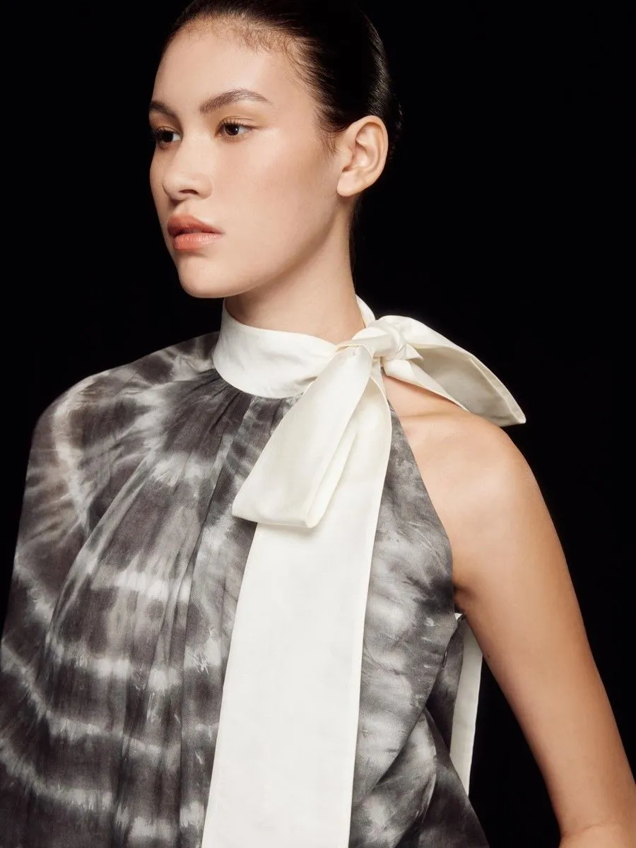 ASAVA (SS24) Tie-dye One-shoulder Bow Women Blouse Black