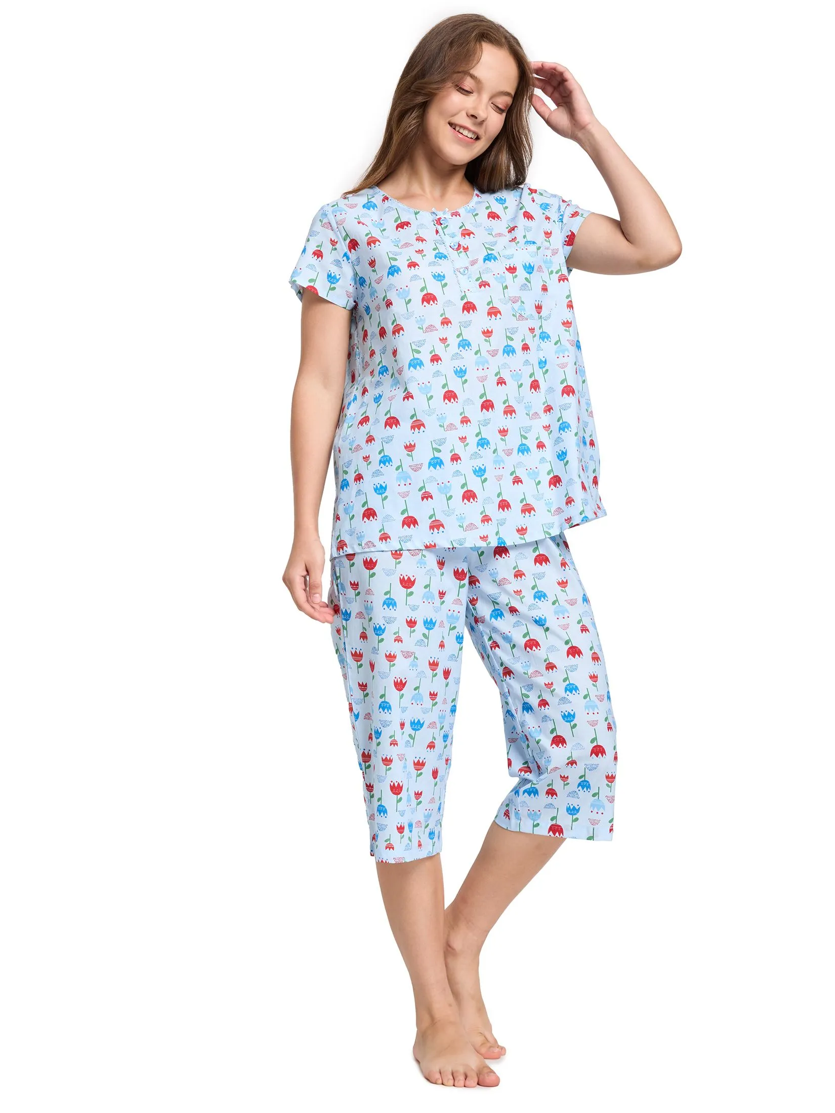 CLAUDIA'S ROMANCE Women Pyjamas Shirt Short Sleeves Crew Neck + 3/4 Pants Print Light Blue