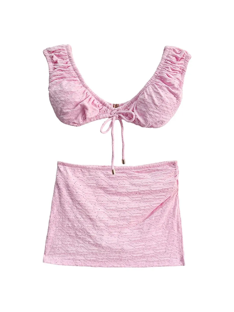 KLOSET (KK23)Floral Bikini With Skirt Set Pink