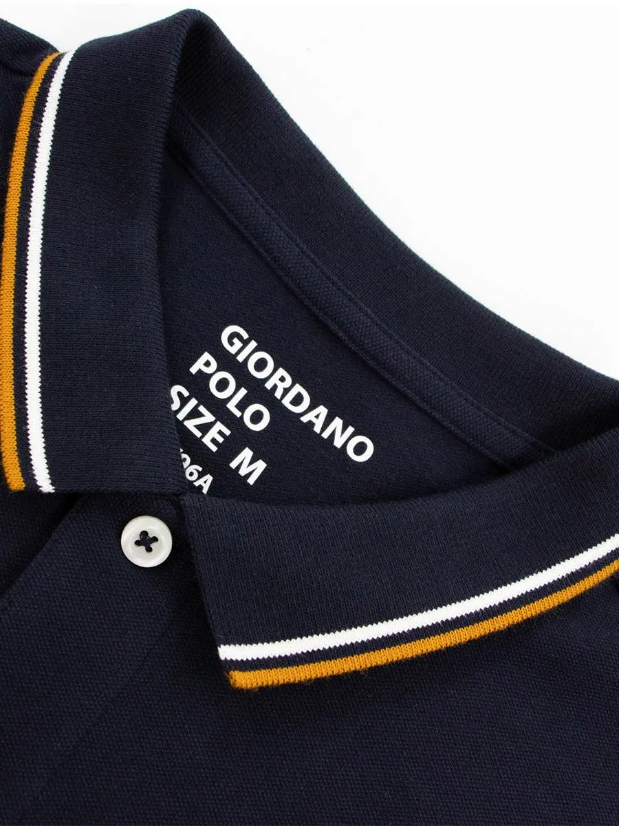 GIORDANO Men's Solid Cotton Lycra Short Sleeve Tapered Polo Signature Navy