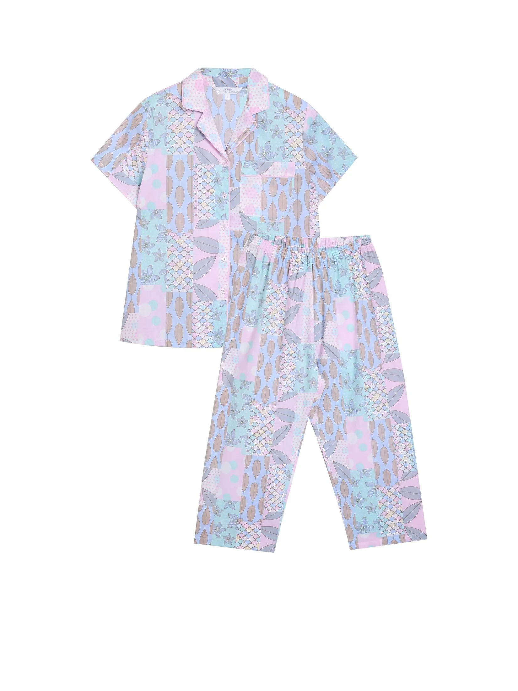 CLAUDIA'S ROMANCE Women Pajamas Set Hawaiian Shirt Short Sleeves + 5-Part Pants Pink