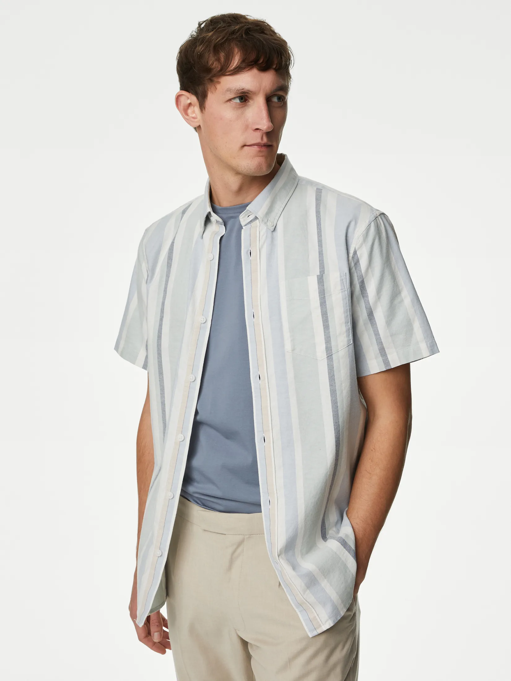 MARKS & SPENCER Men Shirt Short Sleeves Pure Cotton Striped Oxford Print E7_Light Blue Mix