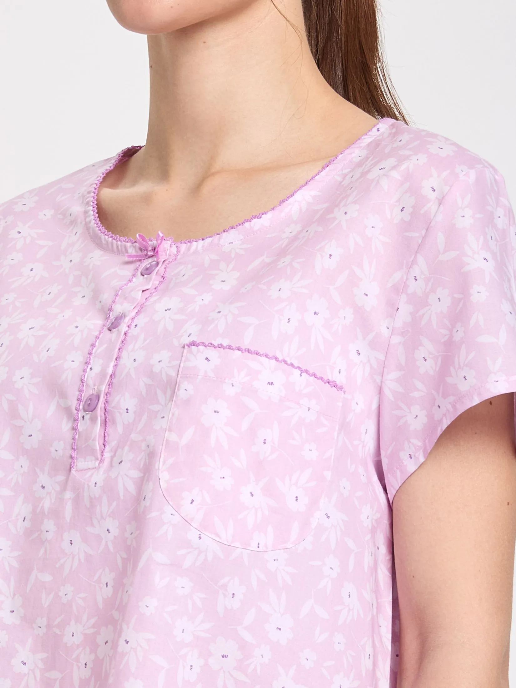 CLAUDIA'S ROMANCE Women Pyjamas Polo Short Sleeves Round Neck + 3/4 Pants Floral Print Pink