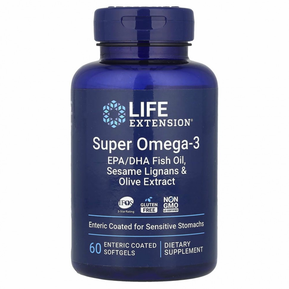 Life Extension, Super Omega-3, рыбий жир с ЭПК и ДГК, лигнанами кунжута и экстрактом оливы, 60 капсул, покрытых кишечнорастворимой оболочкой