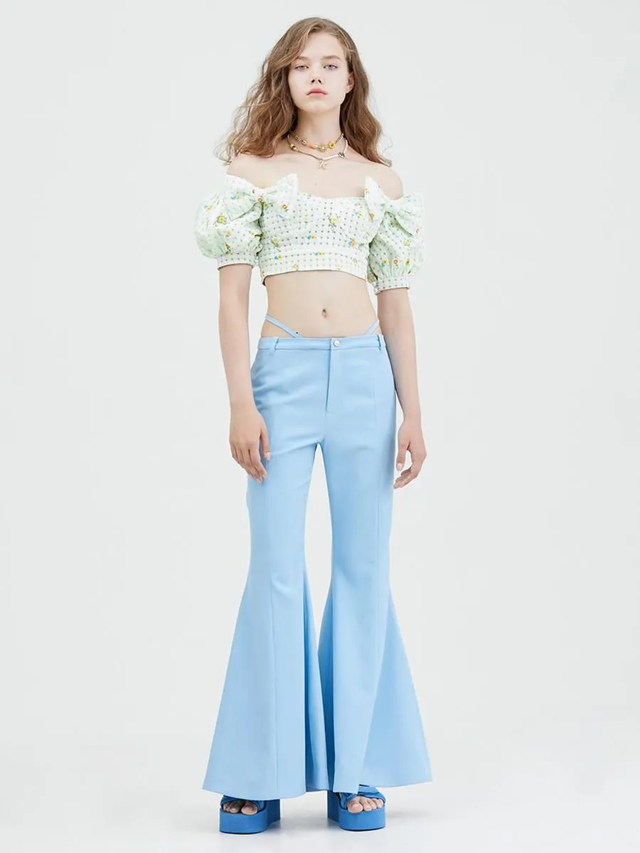 KLOSET (RS23)Tie Waist Bootcut Pants Blue