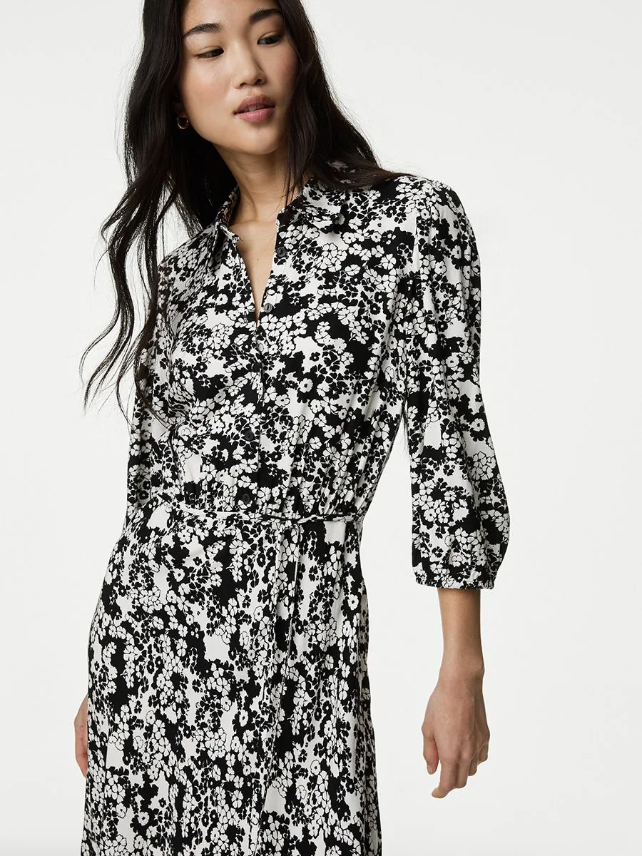 MARKS & SPENCER Women Maxi Dress Belted Floral Printed Black Mix