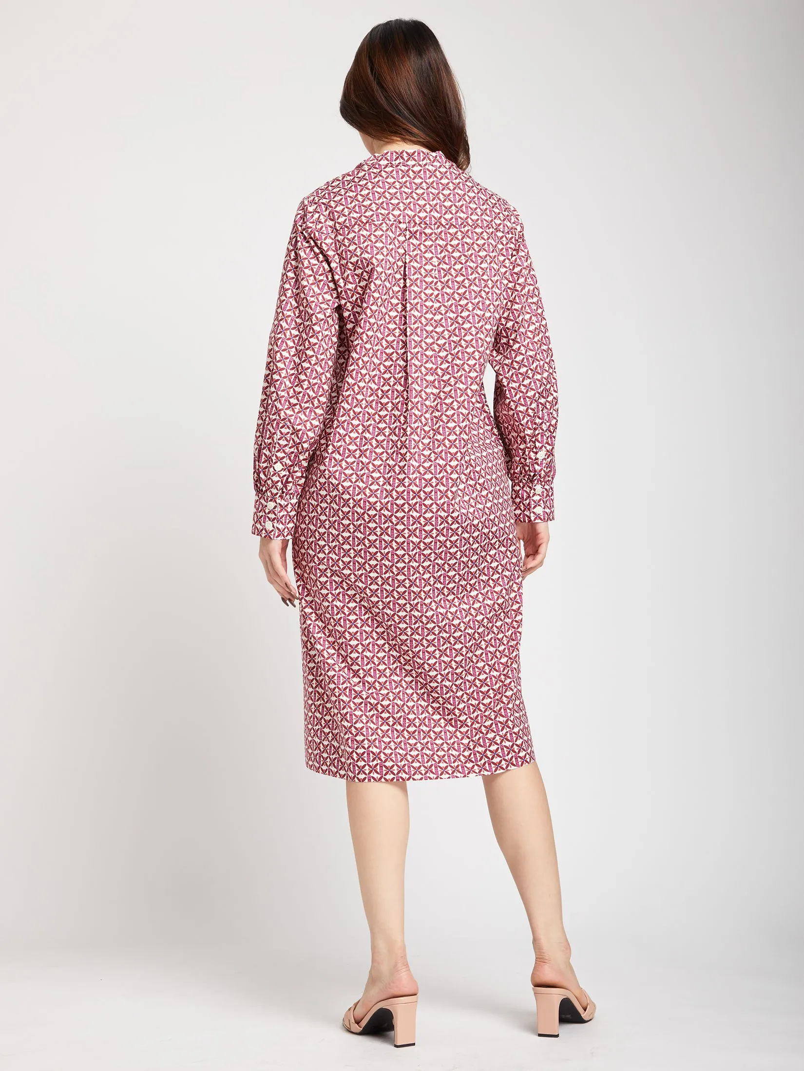 ALUMNUS Women Dress Long Sleeves Collar Two Pockets on Chest Print Burgundy