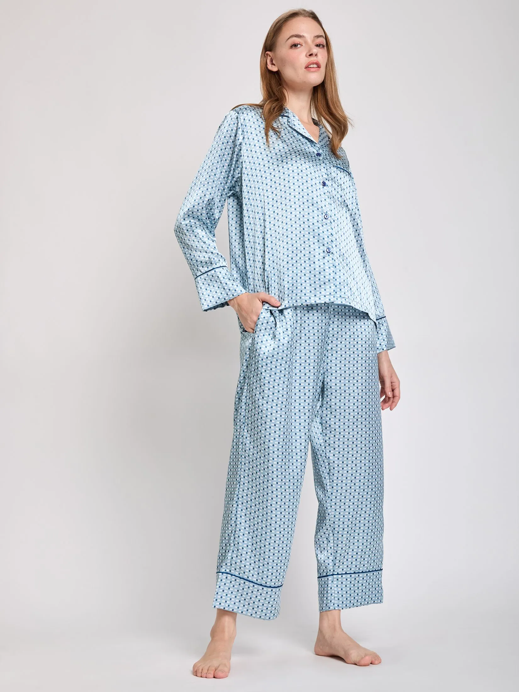 ELIZABETH Women Pajamas Shirt Long Sleeves + Pants Light Blue
