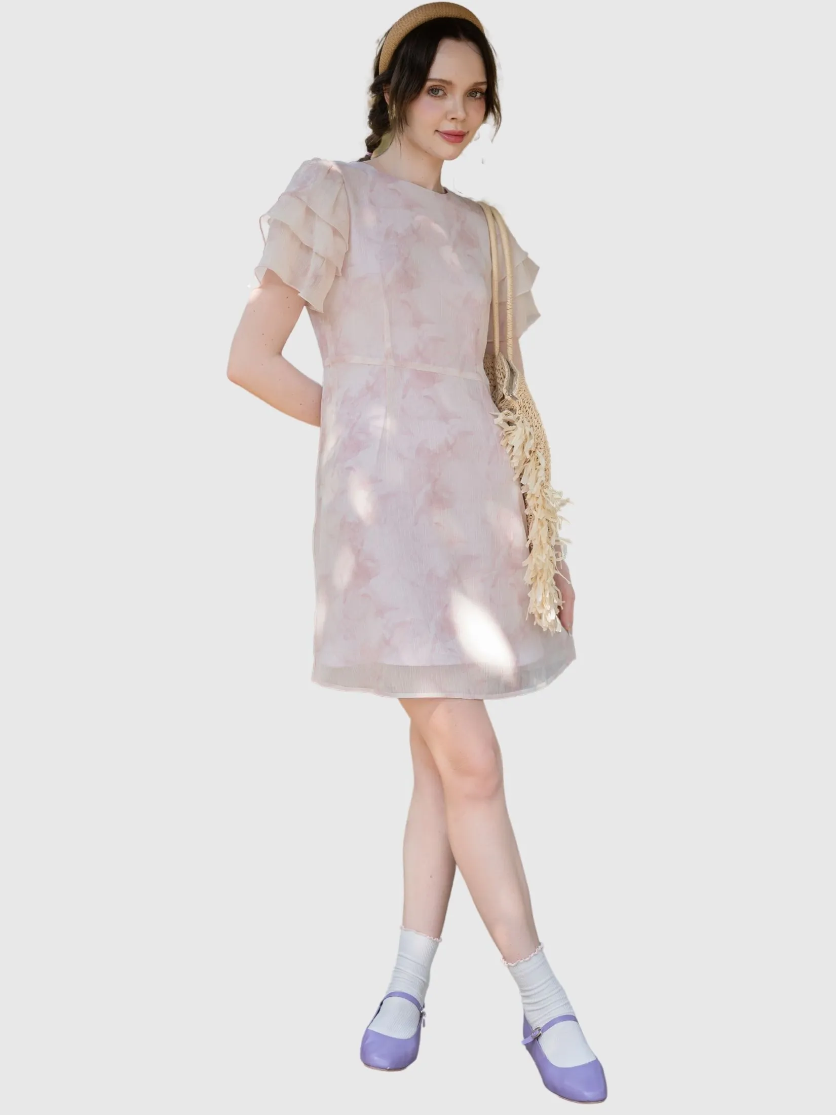 AMILA Women Dress Short Sleeves Chiffon Angora Pink