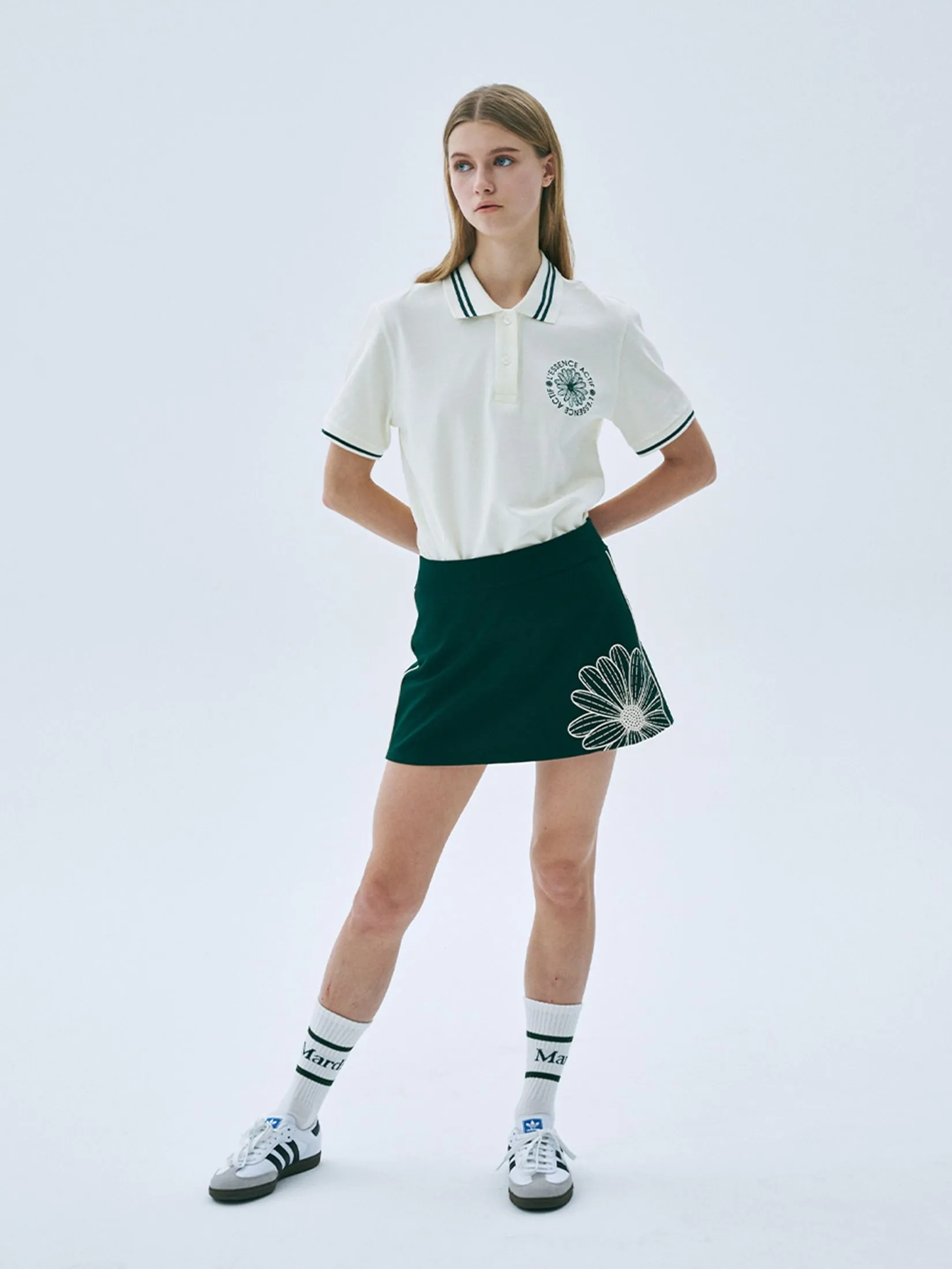 MARDI MERCREDI ACTIF Piquet T-Shirt Emblem Needlework Cream Deep Green F