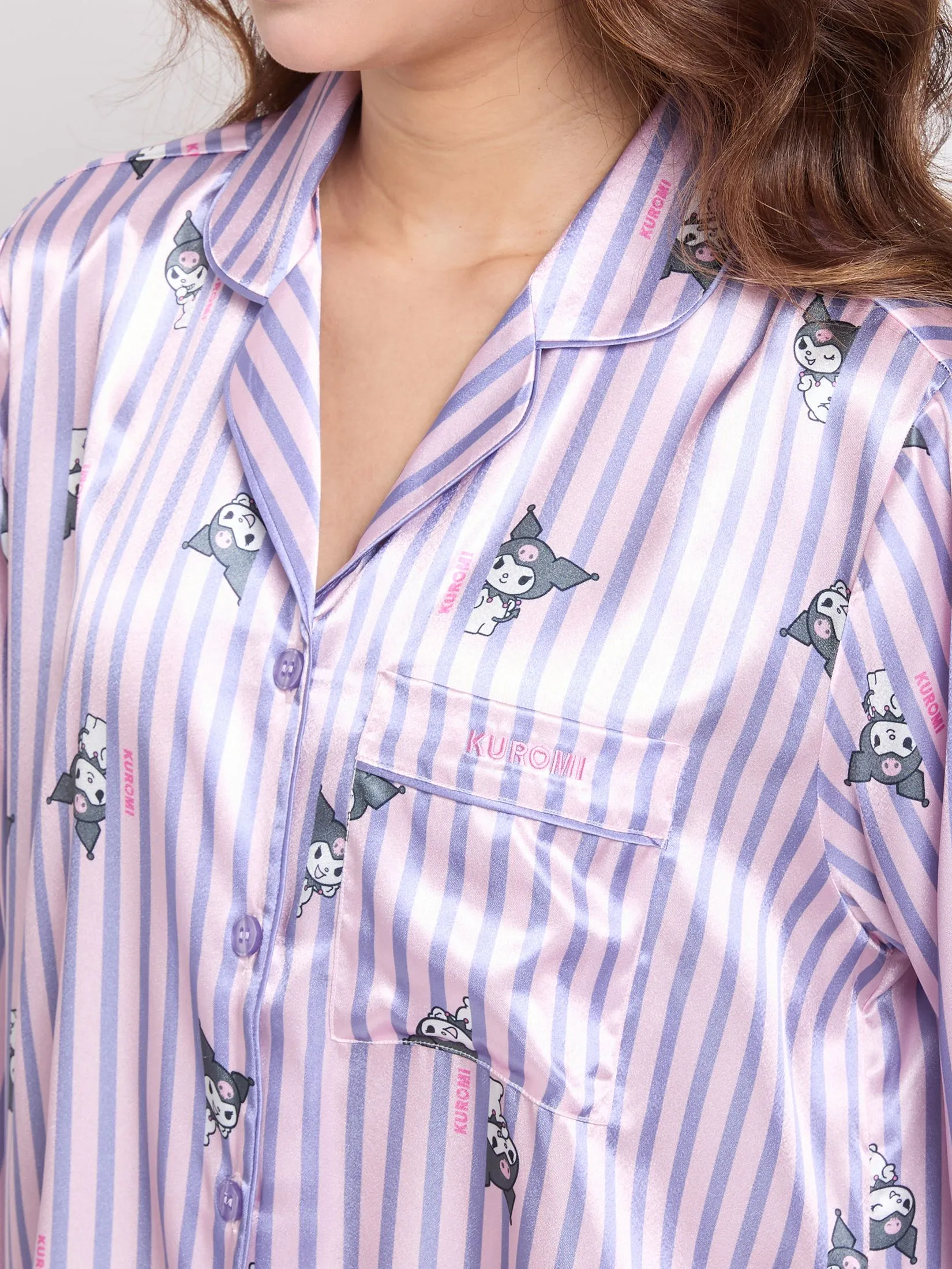 SANRIO Women Pyjamas Dress Long Sleeves Collar Neck Satin Kuromi Purple