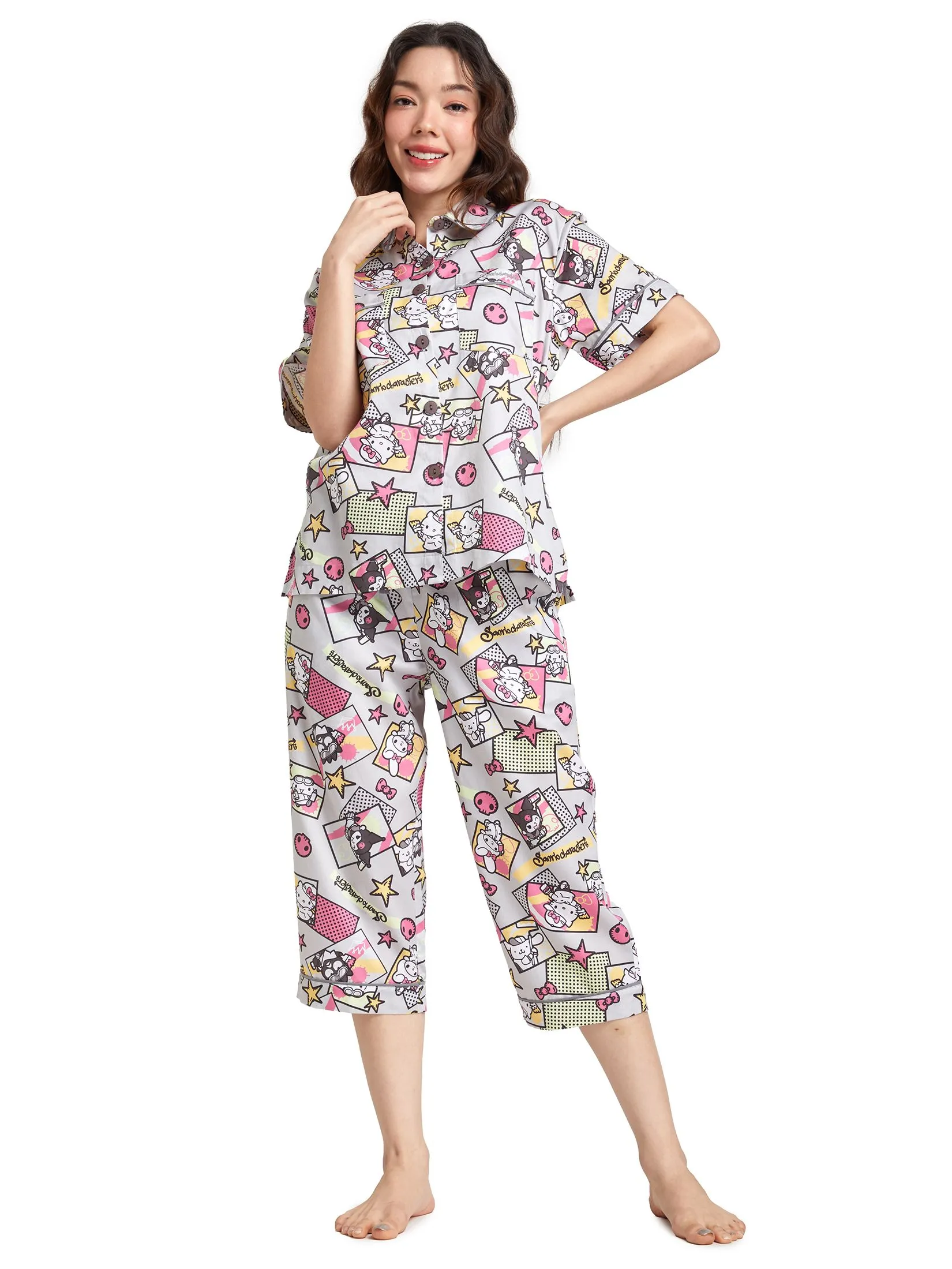 SANRIO Women Pyjamas Short Sleeves Shirt Pants Mix Character Grey