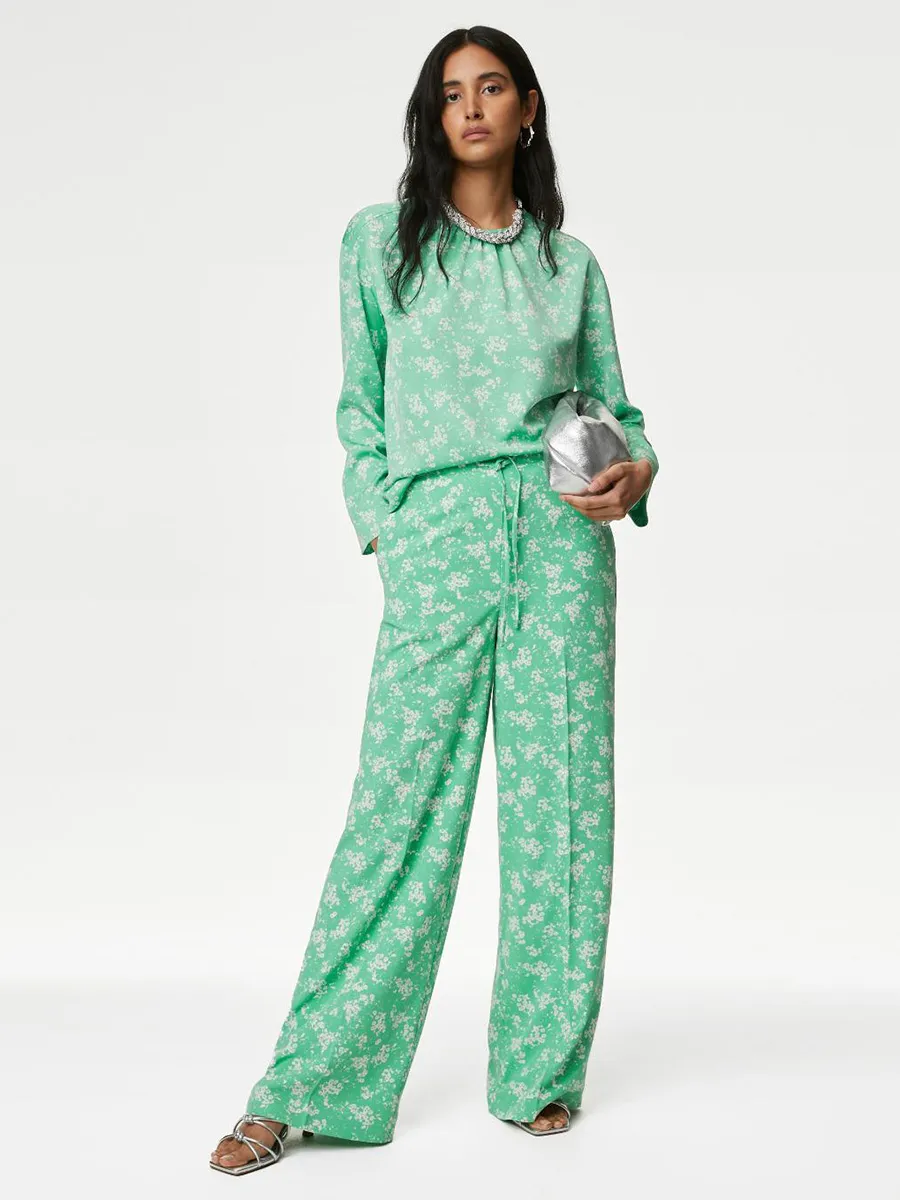 MARKS & SPENCER Women Trousers Floral Drawstring Wide Leg Green Mix