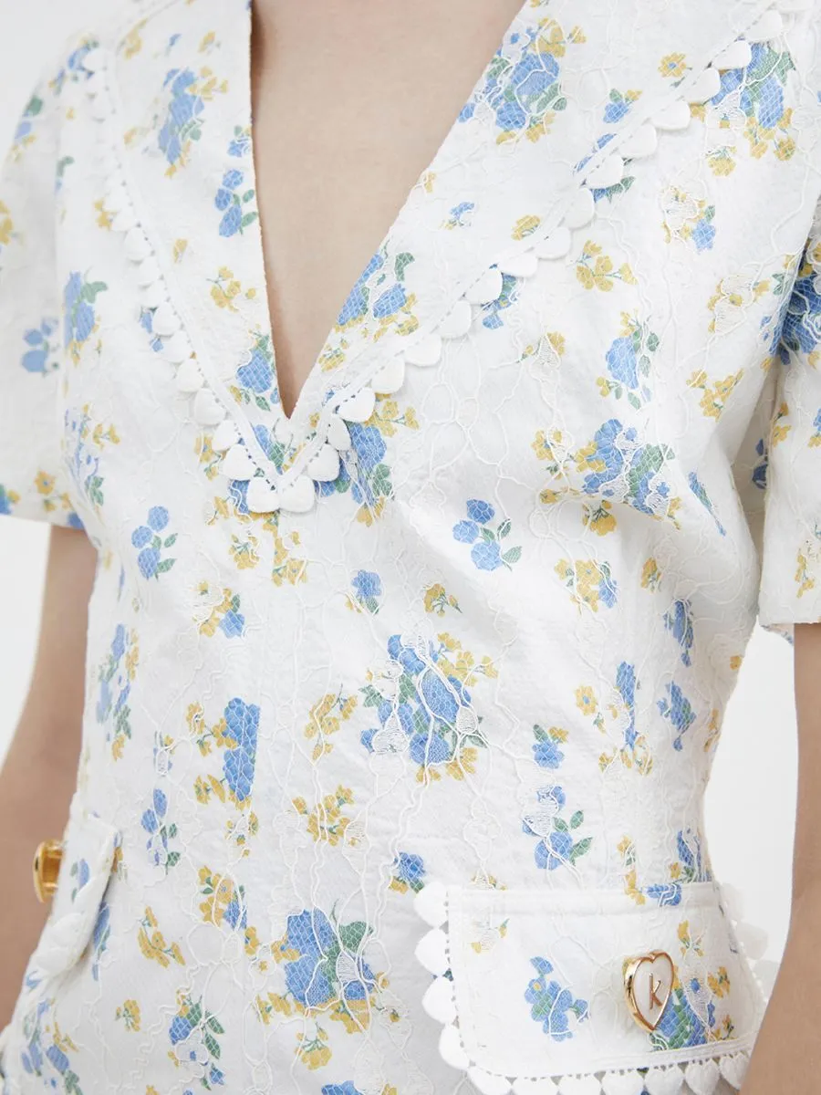 KLOSET (RS23)Flowers Lace Front Pockets Dress With Belt Blue